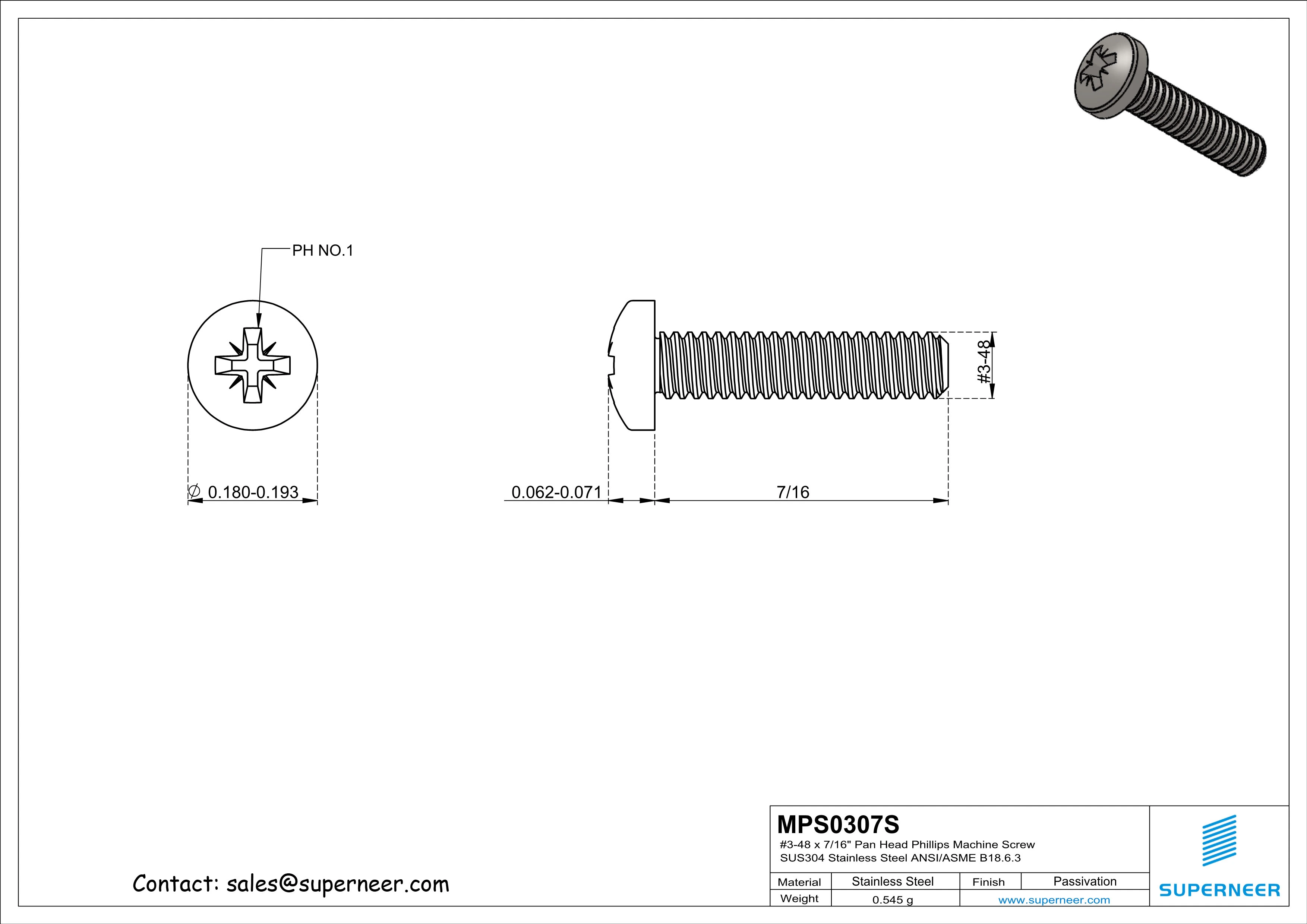 3-48 x 7/16" Pan Head Pozi Machine Screw SUS304 Stainless Steel Inox ANSI/ASME B18.6.3