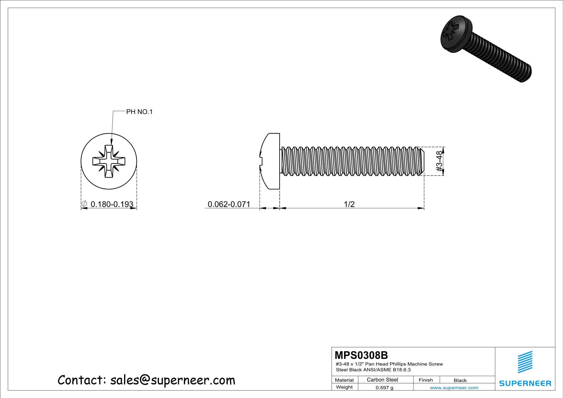 3-48 x 1/2" Pan Head Pozi Machine Screw Steel Black ANSI/ASME B18.6.3