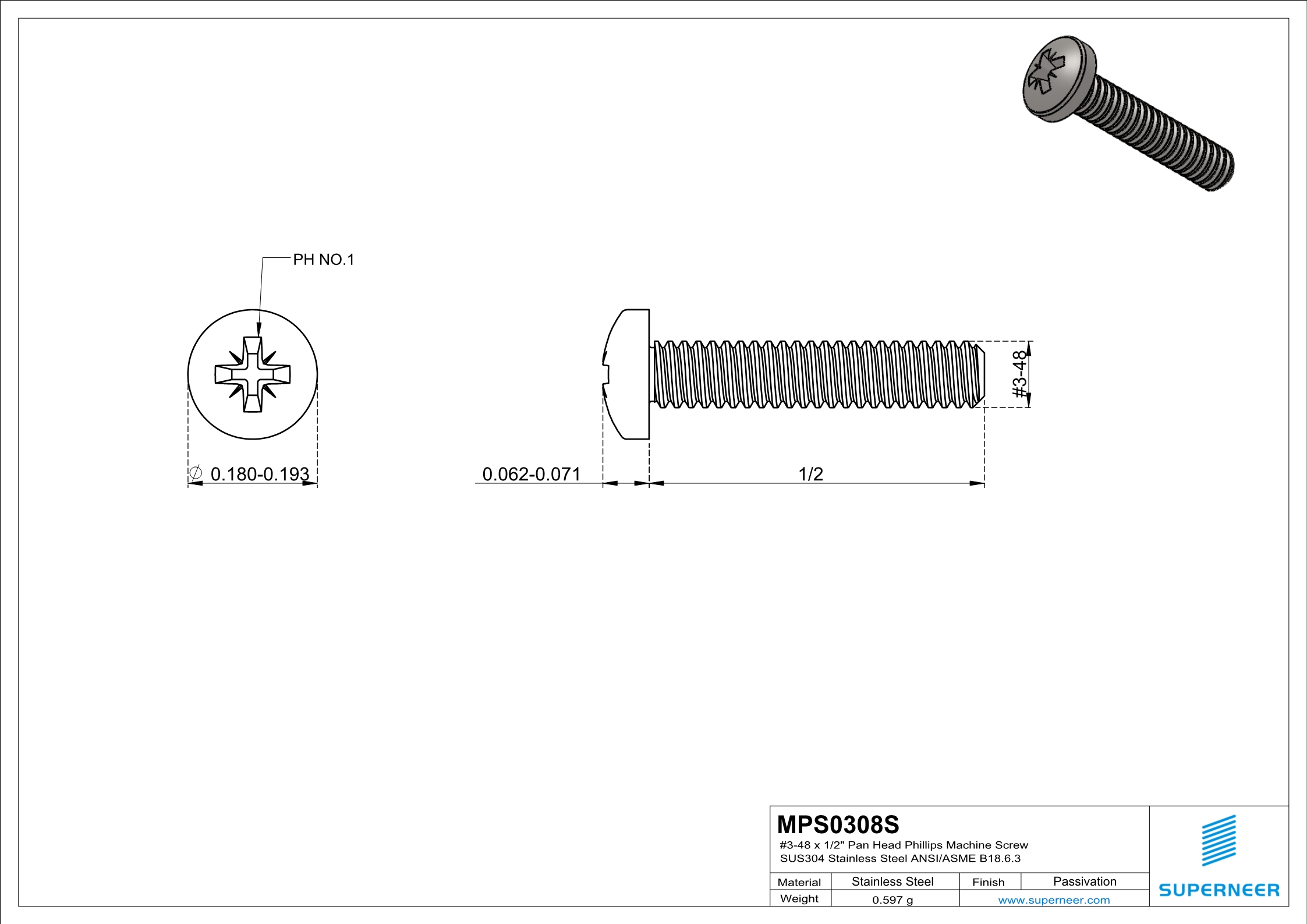 3-48 x 1/2" Pan Head Pozi Machine Screw SUS304 Stainless Steel Inox ANSI/ASME B18.6.3