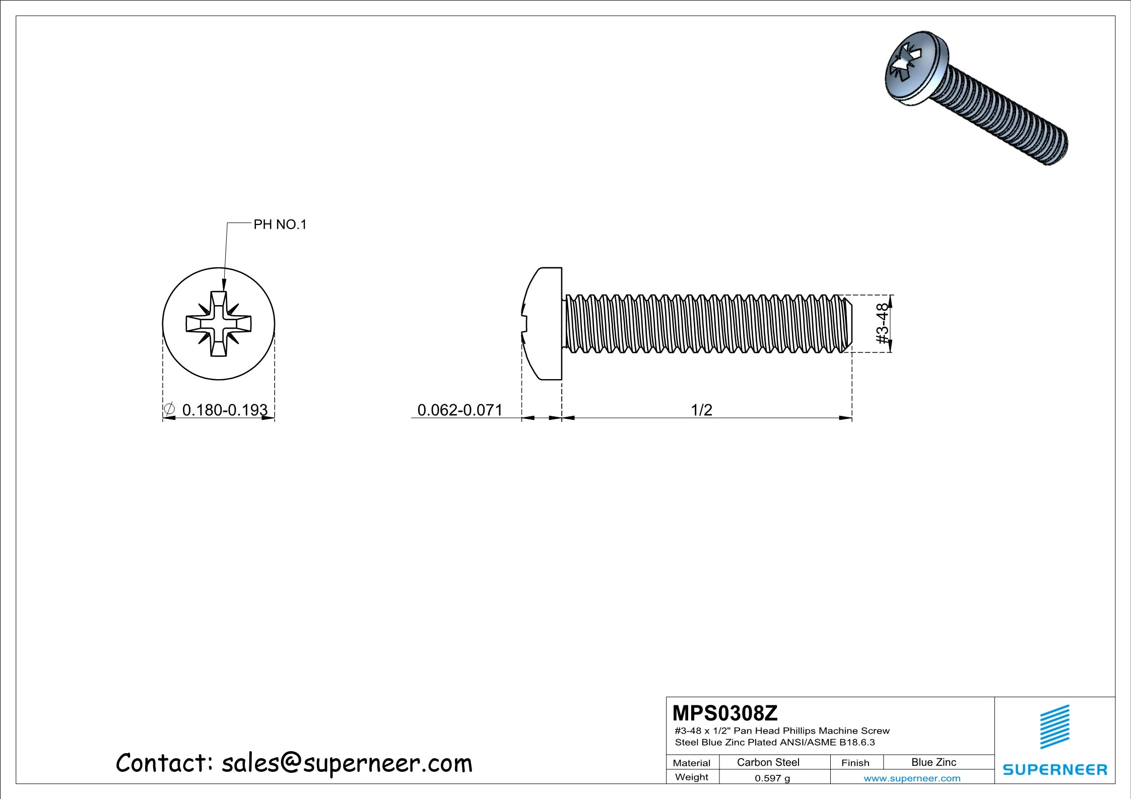 3-48 x 1/2" Pan Head Pozi Machine Screw Steel Blue Zinc Plated ANSI/ASME B18.6.3