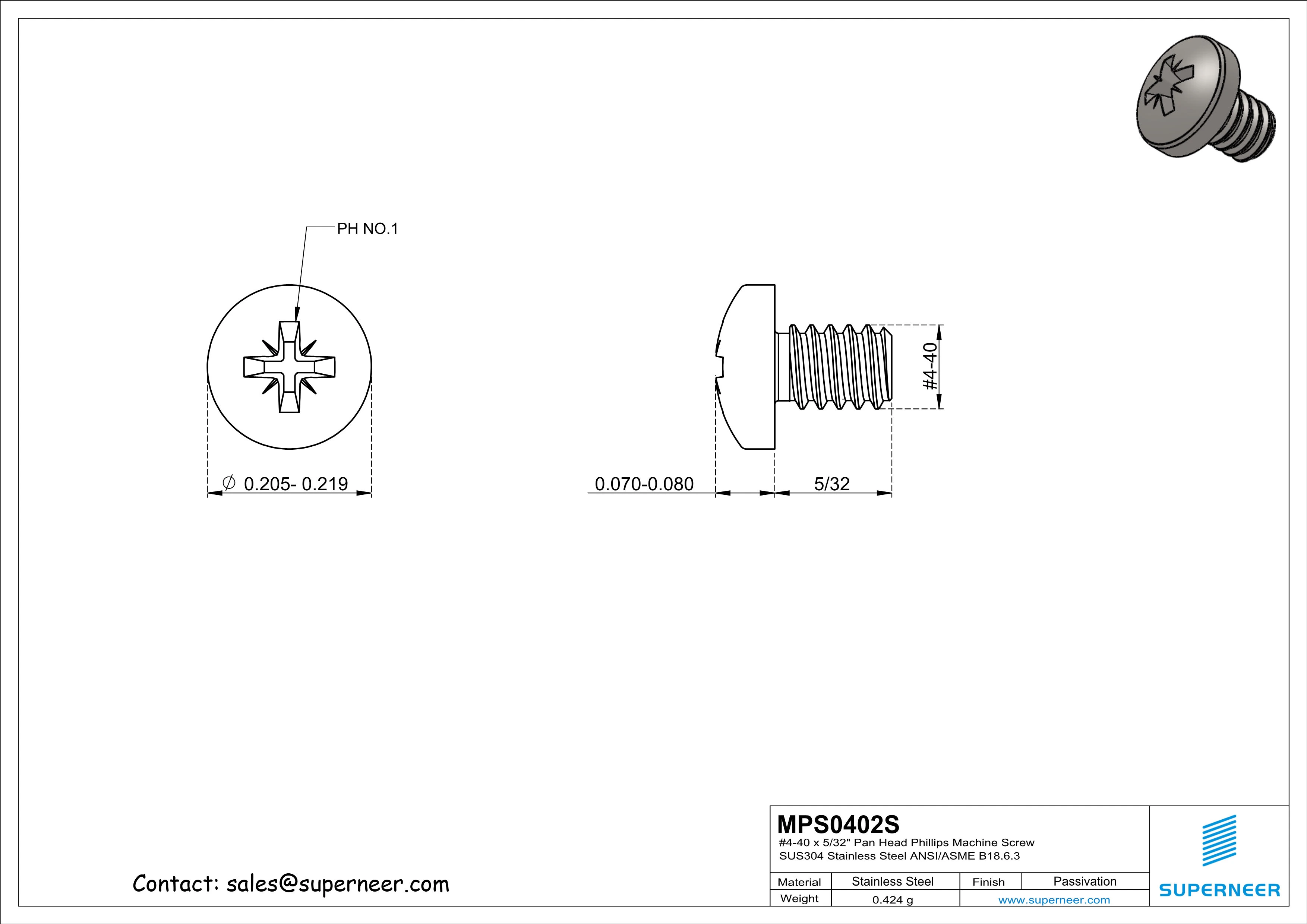 4-40 x 5/32" Pan Head Pozi Machine Screw SUS304 Stainless Steel Inox ANSI/ASME B18.6.3