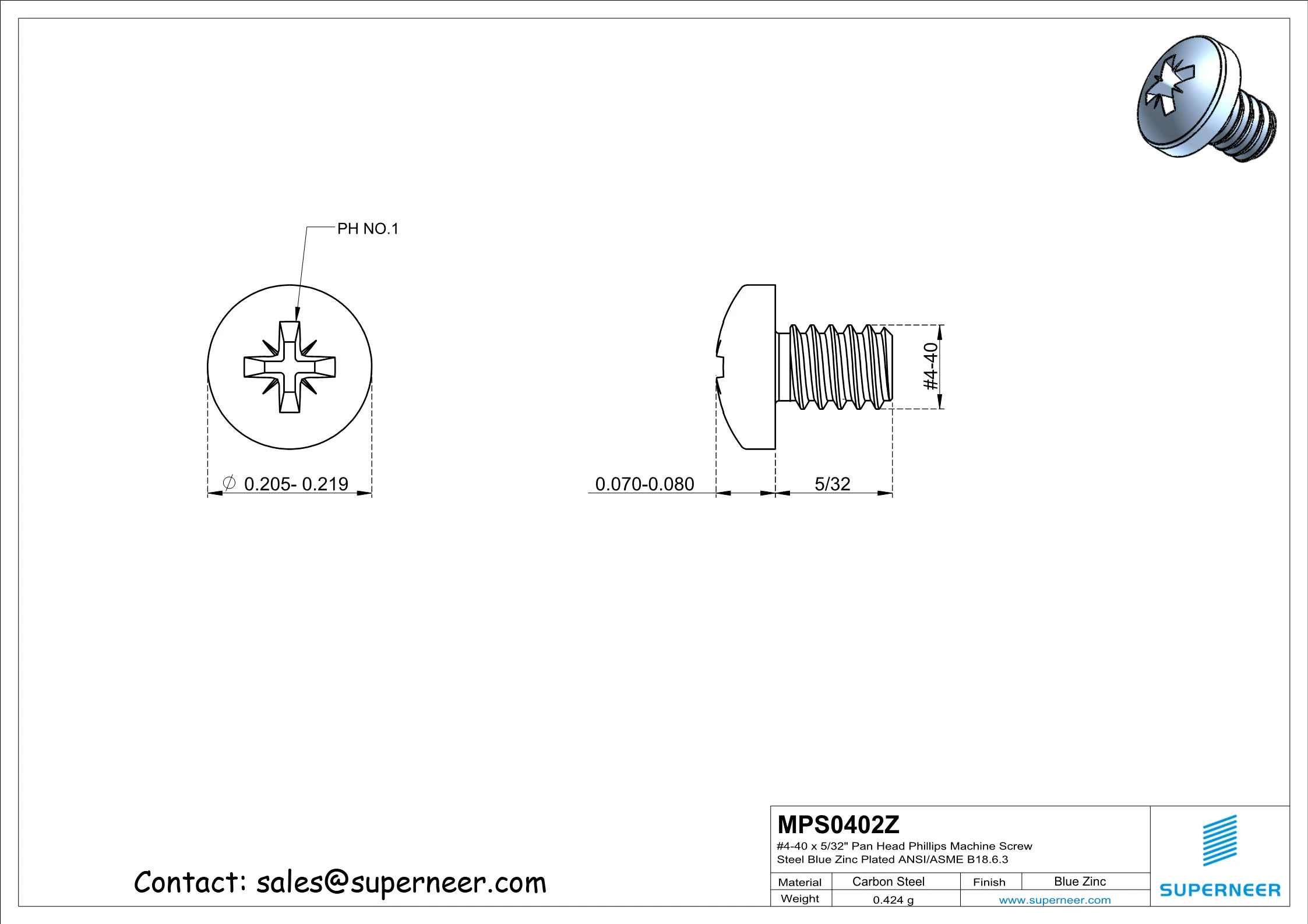 4-40 x 5/32" Pan Head Pozi Machine Screw Steel Blue Zinc Plated ANSI/ASME B18.6.3