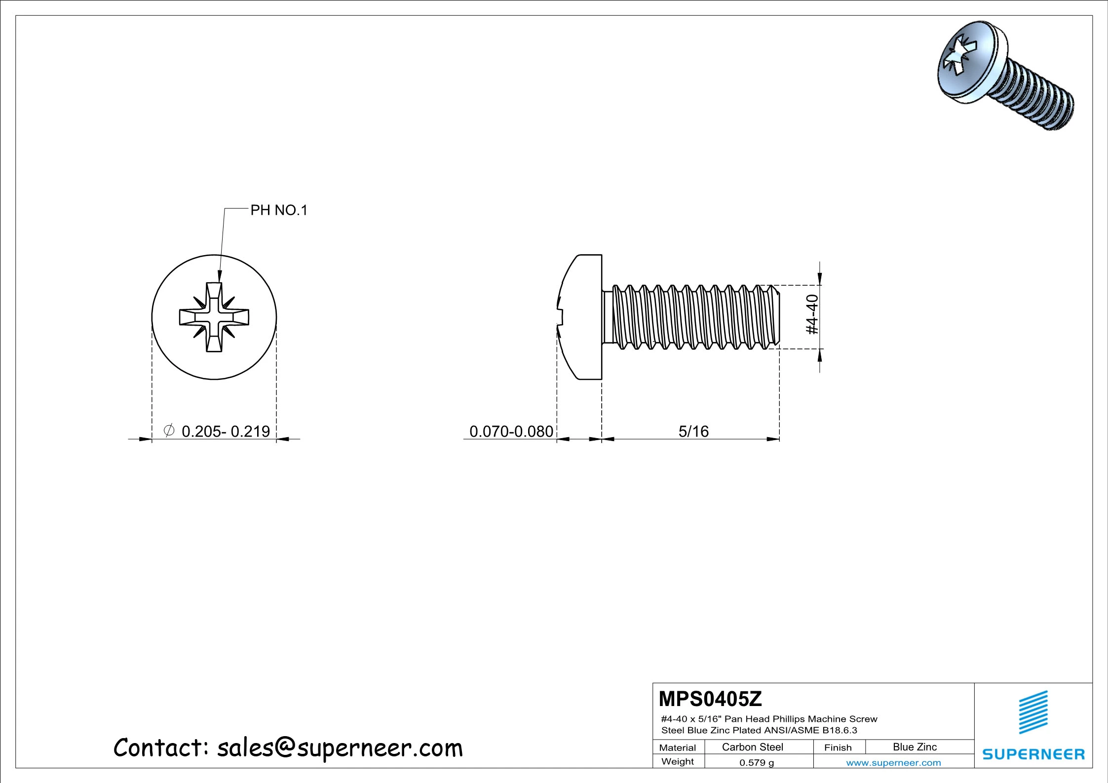 4-40 x 1/4" Pan Head Pozi Machine Screw Steel Blue Zinc Plated ANSI/ASME B18.6.3