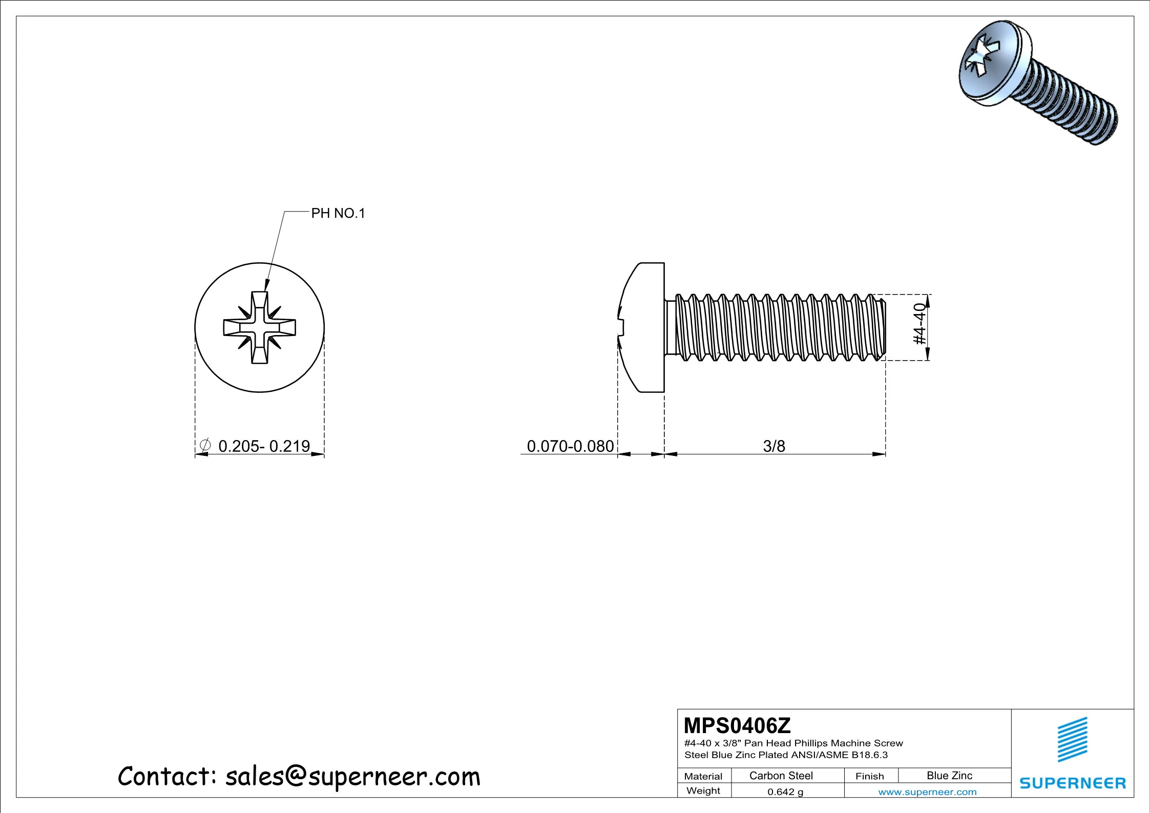 4-40 x 3/8" Pan Head Pozi Machine Screw Steel Blue Zinc Plated ANSI/ASME B18.6.3