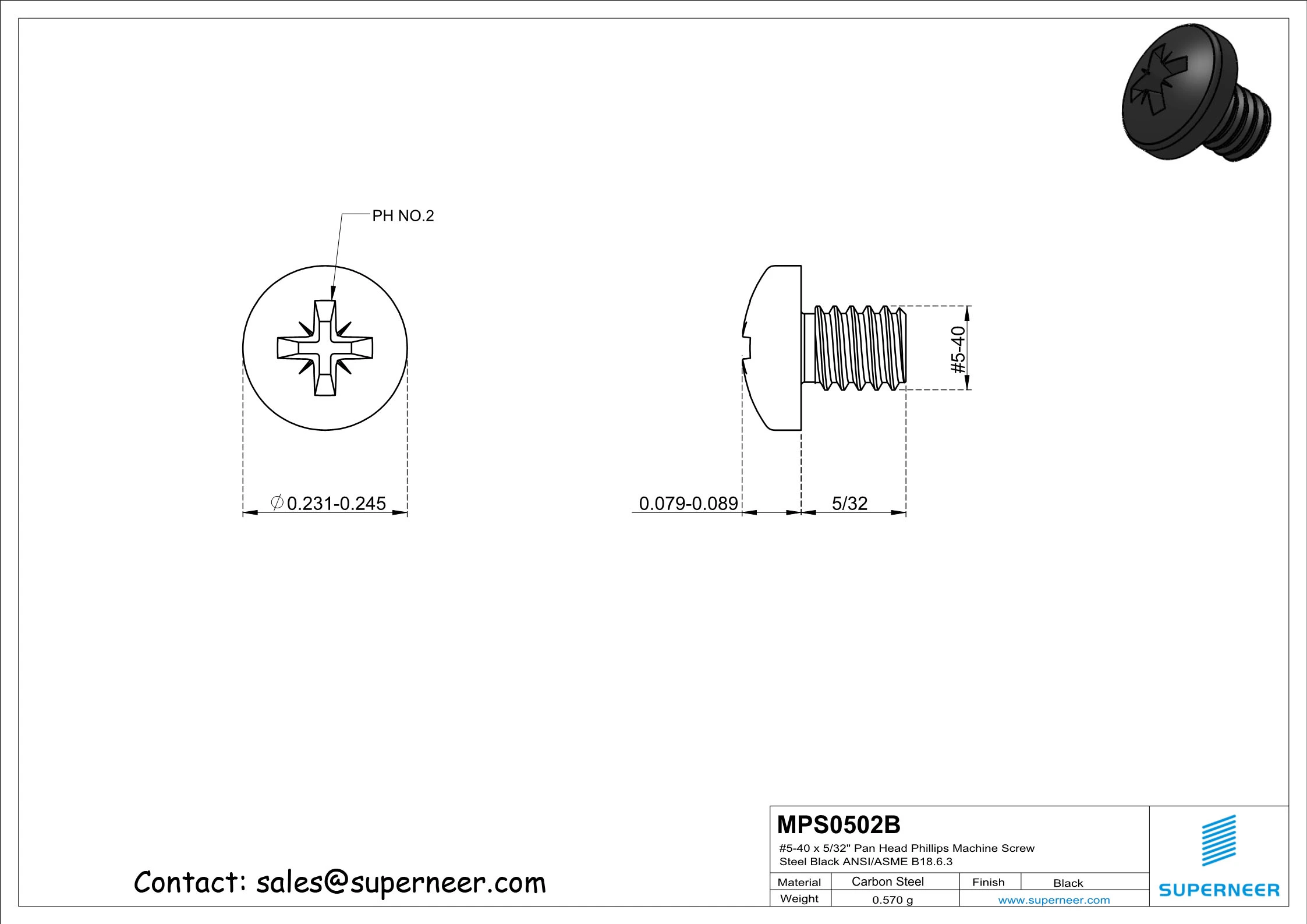 5-40 x 5/32" Pan Head Pozi Machine Screw Steel Black ANSI/ASME B18.6.3