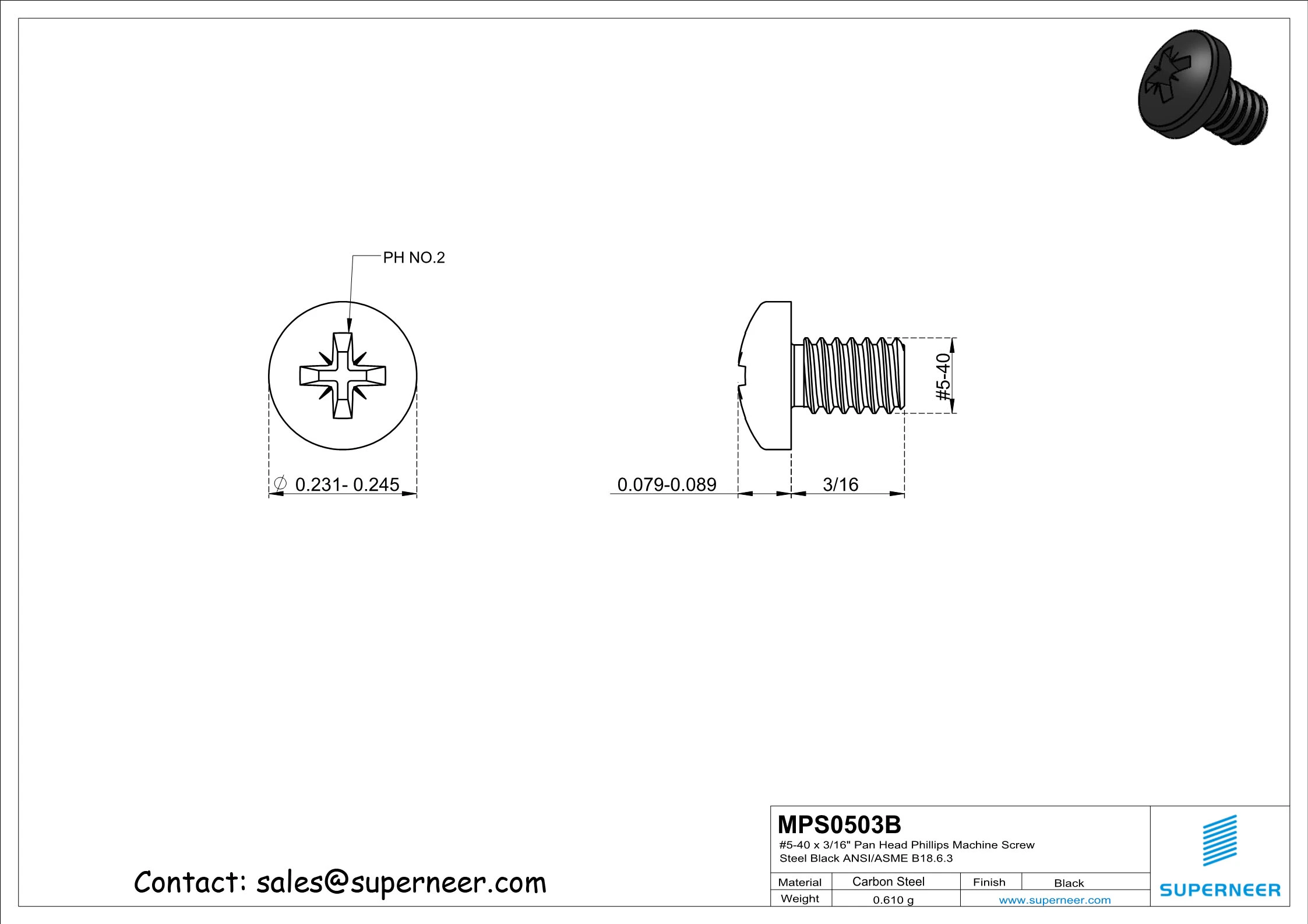 5-40 x 3/16" Pan Head Pozi Machine Screw Steel Black ANSI/ASME B18.6.3