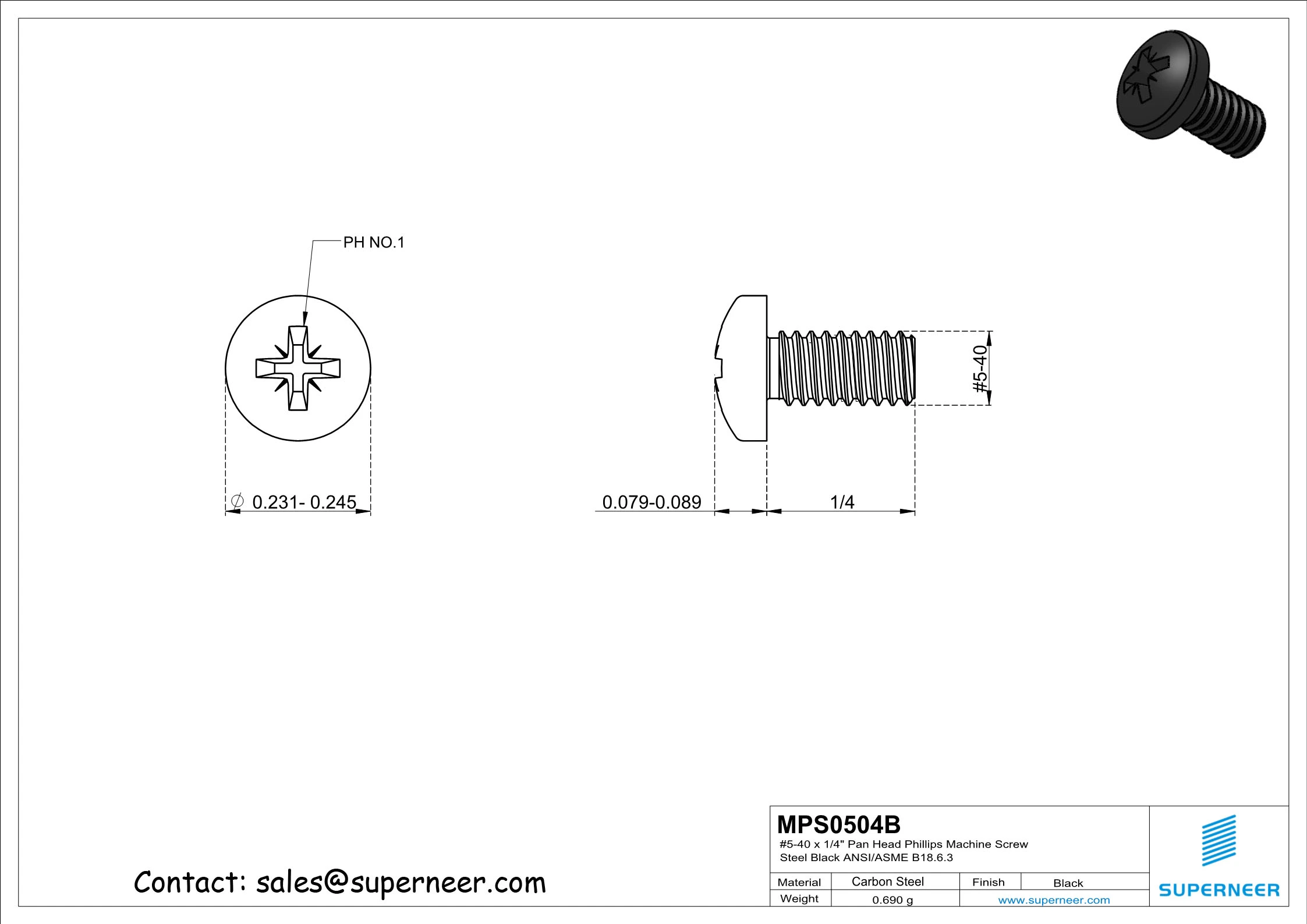 5-40 x 1/4" Pan Head Pozi Machine Screw Steel Black ANSI/ASME B18.6.3