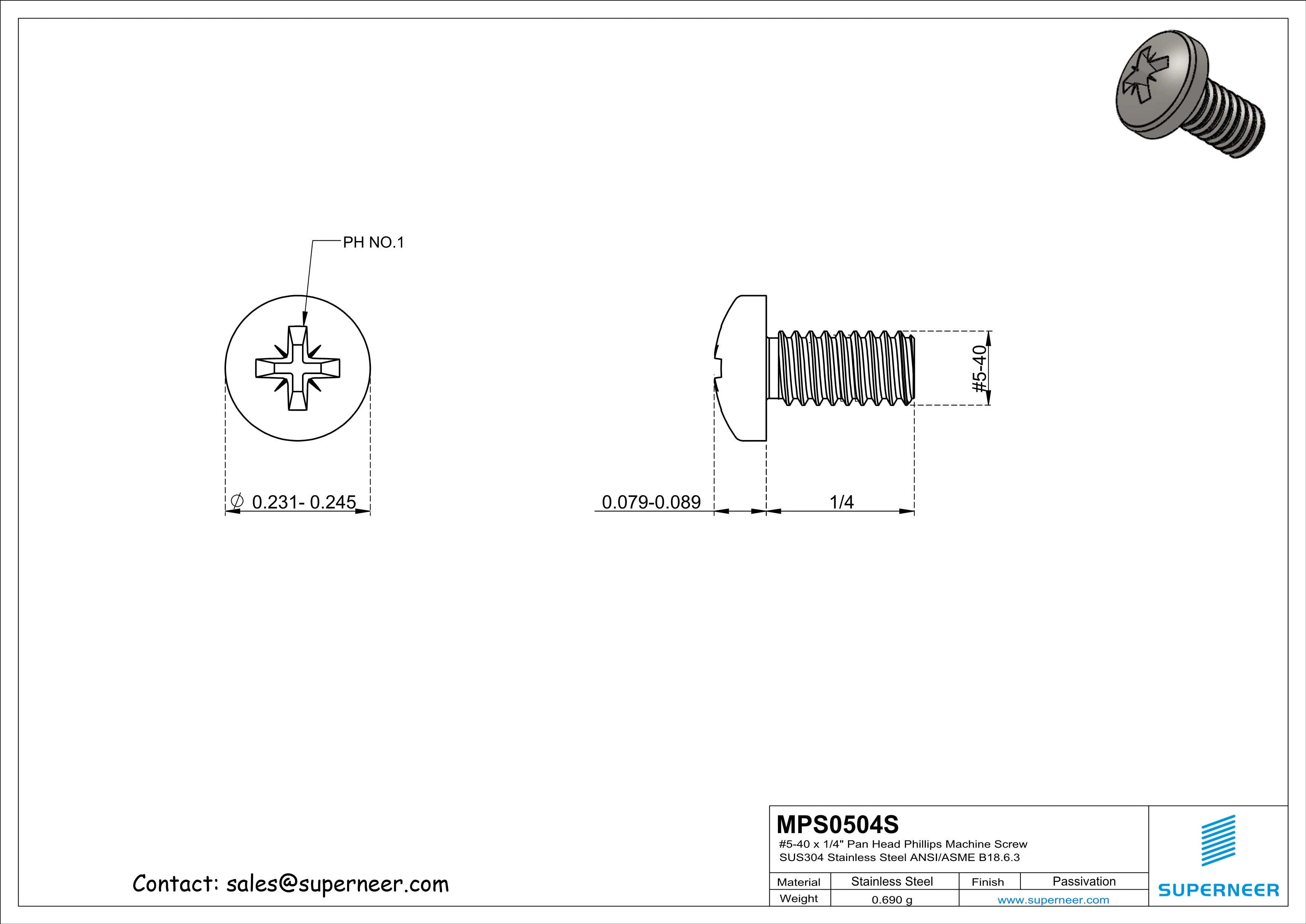 5-40 x 1/4" Pan Head Pozi Machine Screw SUS304 Stainless Steel Inox ANSI/ASME B18.6.3