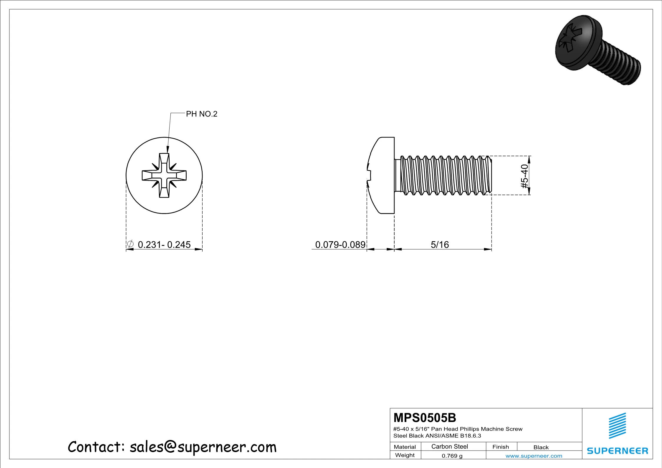 5-40 x 5/16" Pan Head Pozi Machine Screw Steel Black ANSI/ASME B18.6.3