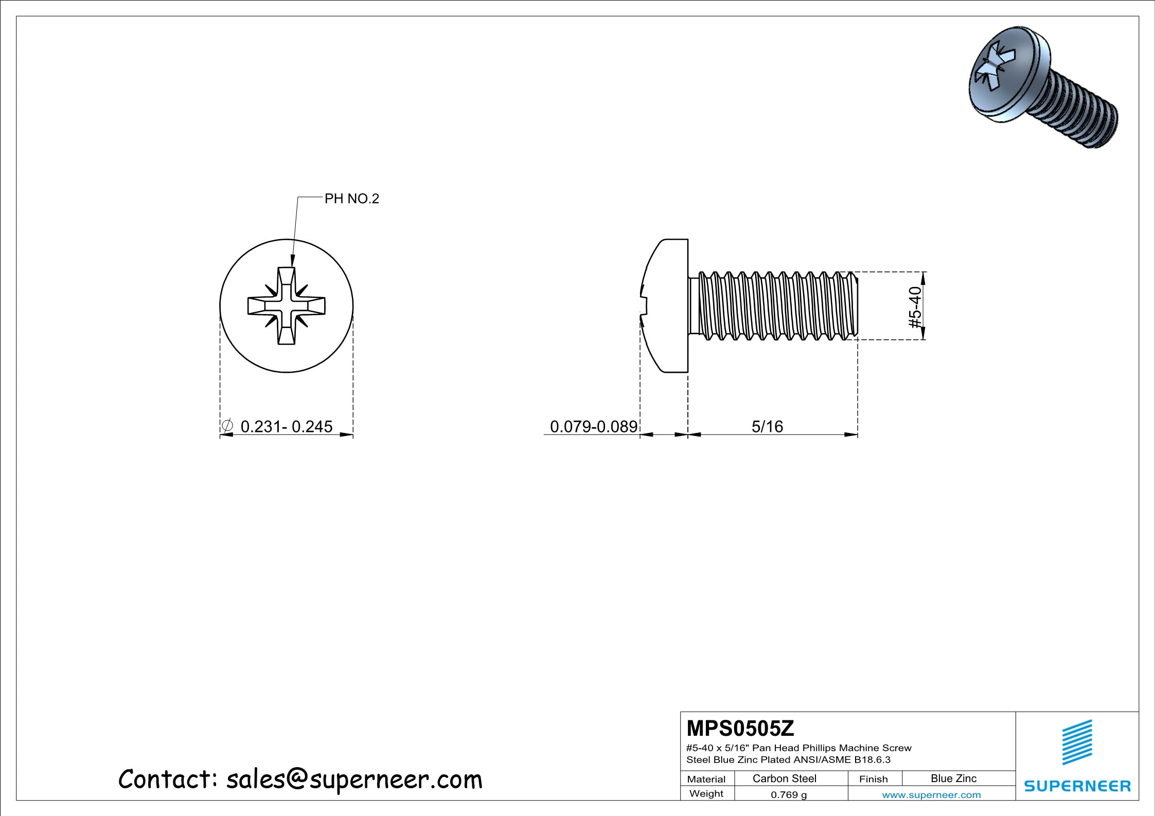 5-40 x 5/16" Pan Head Pozi Machine Screw Steel Blue Zinc Plated ANSI/ASME B18.6.3