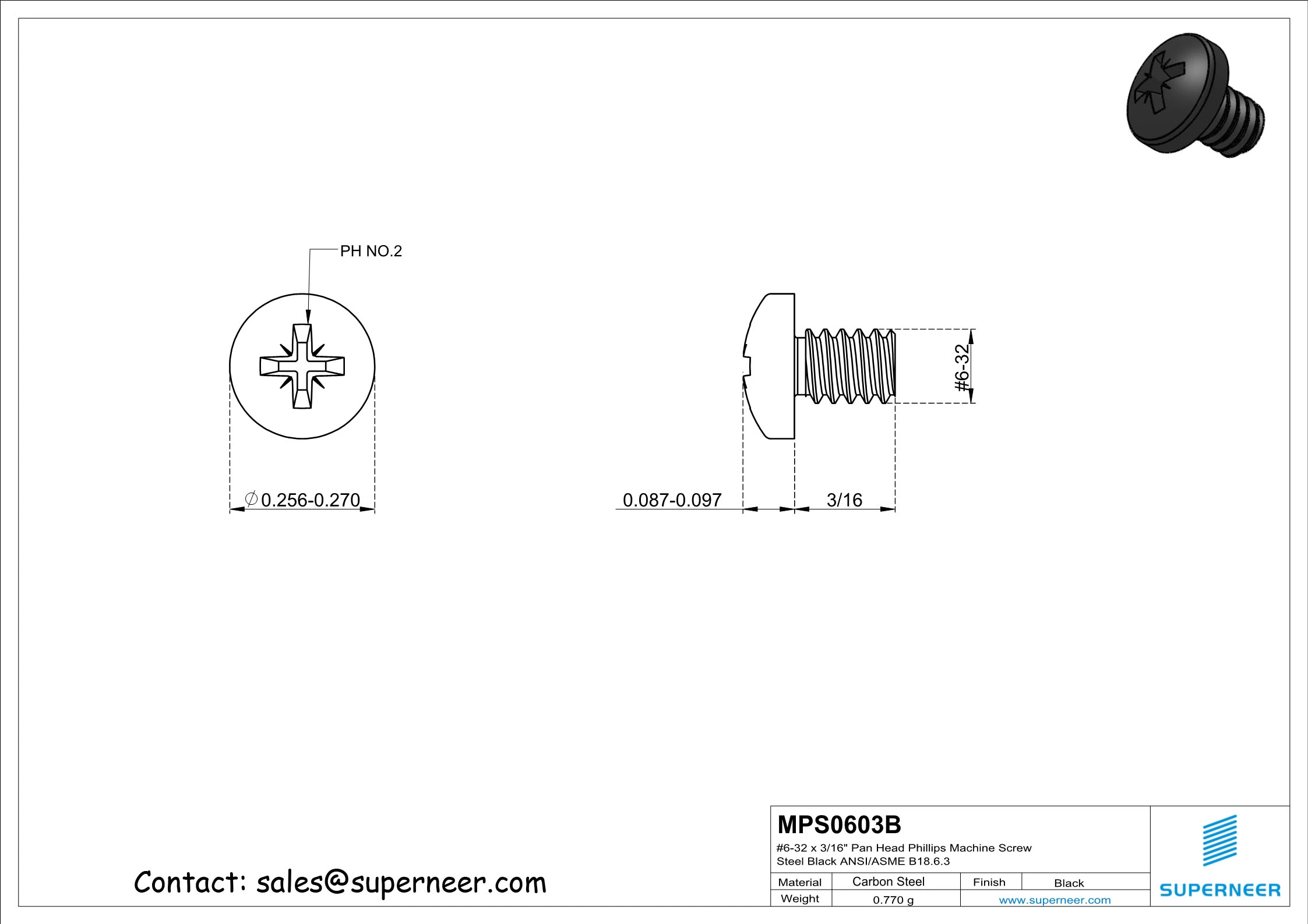 6-32 x 3/16" Pan Head Pozi Machine Screw Steel Black ANSI/ASME B18.6.3