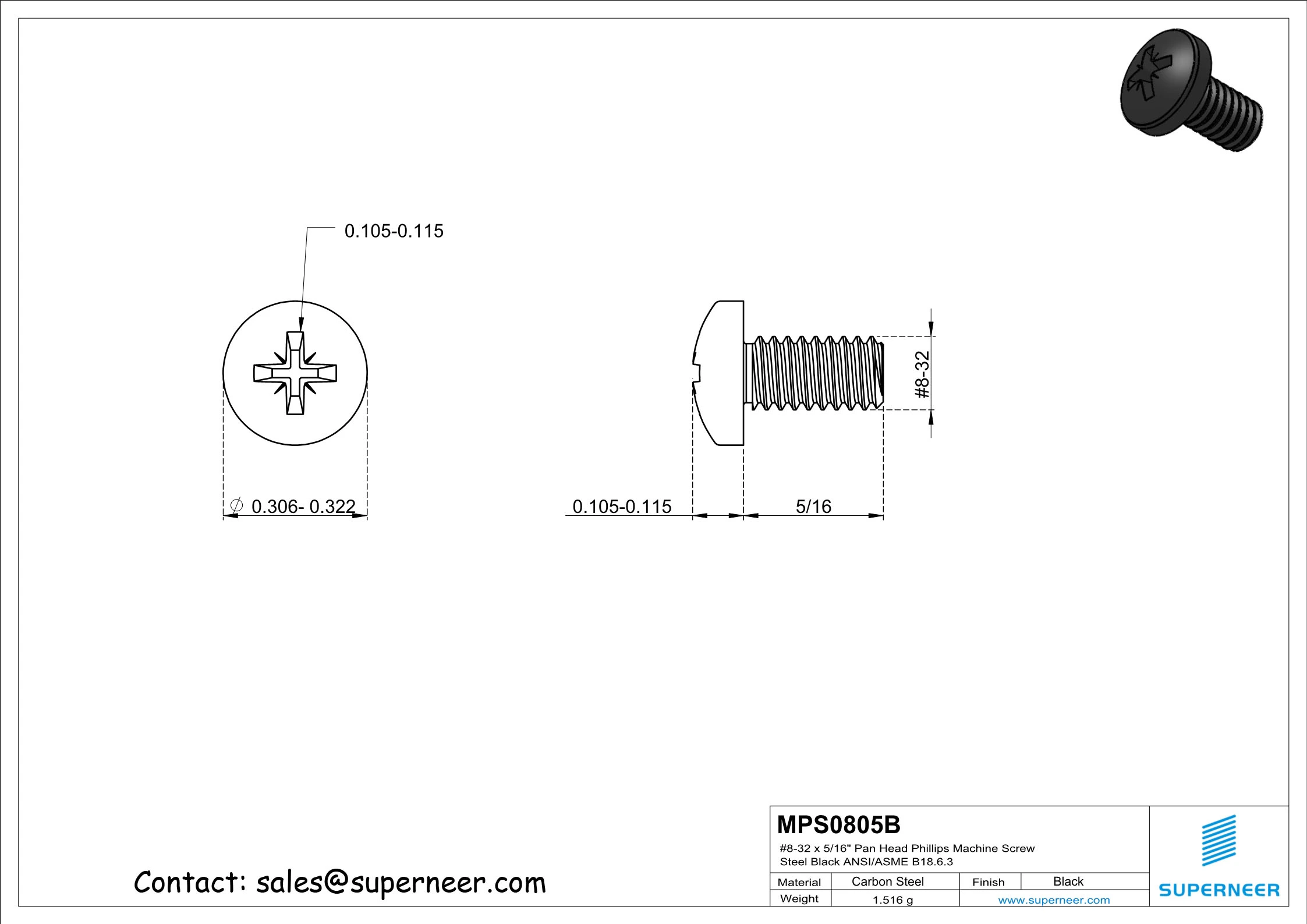 8-32 x 5/16" Pan Head Pozi Machine Screw Steel Black ANSI/ASME B18.6.3