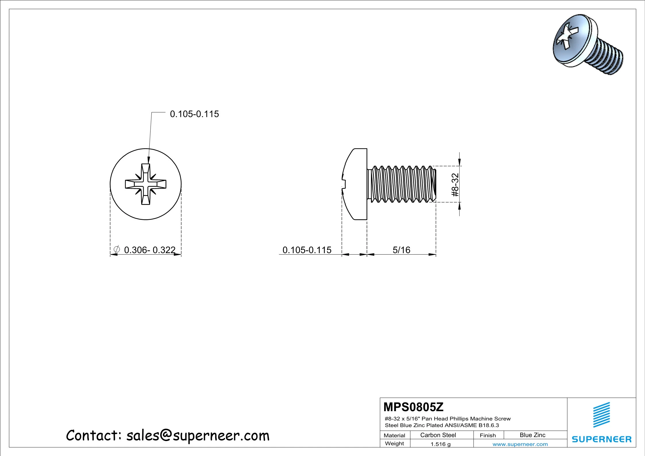 8-32 x 5/16" Pan Head Pozi Machine Screw Steel Blue Zinc Plated ANSI/ASME B18.6.3