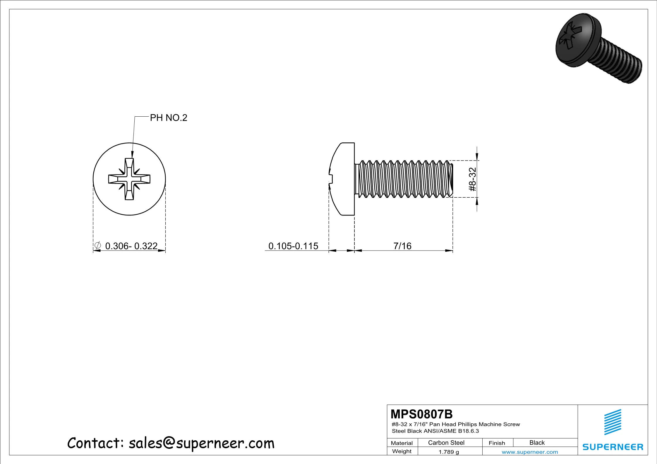 8-32 x 7/16" Pan Head Pozi Machine Screw Steel Black ANSI/ASME B18.6.3