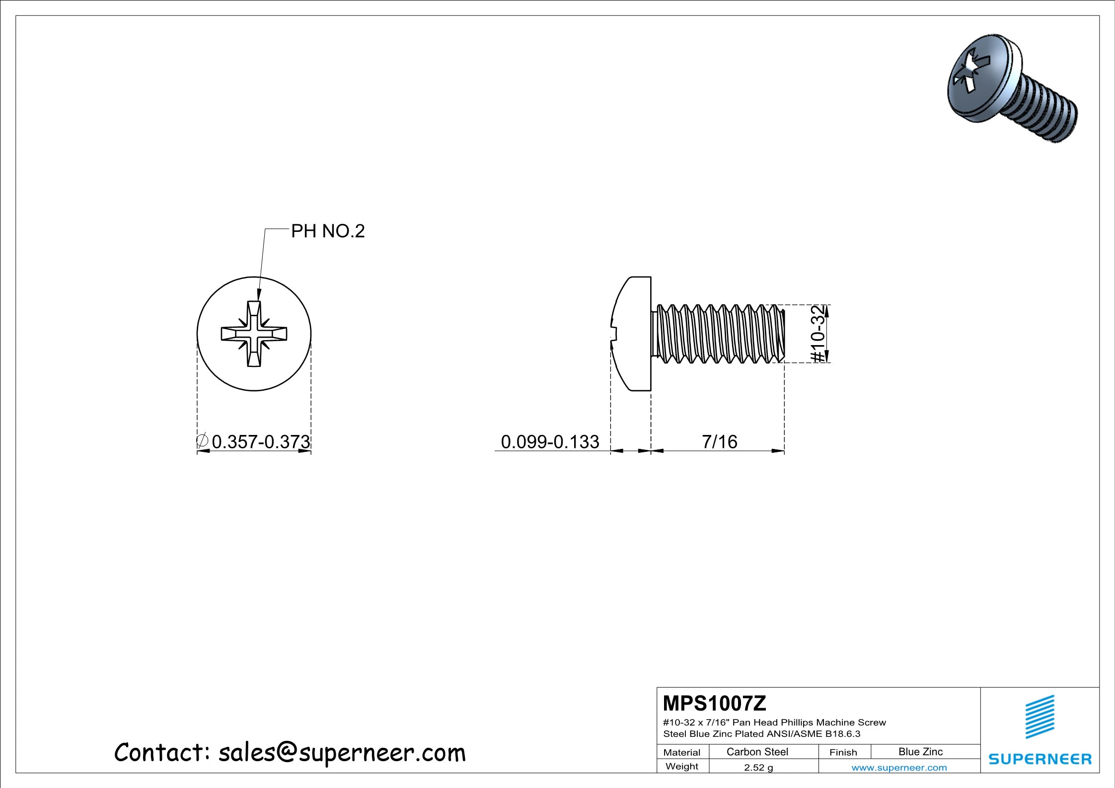 10-32 x 7/16" Pan Head Pozi Machine Screw Steel Blue Zinc Plated ANSI/ASME B18.6.3