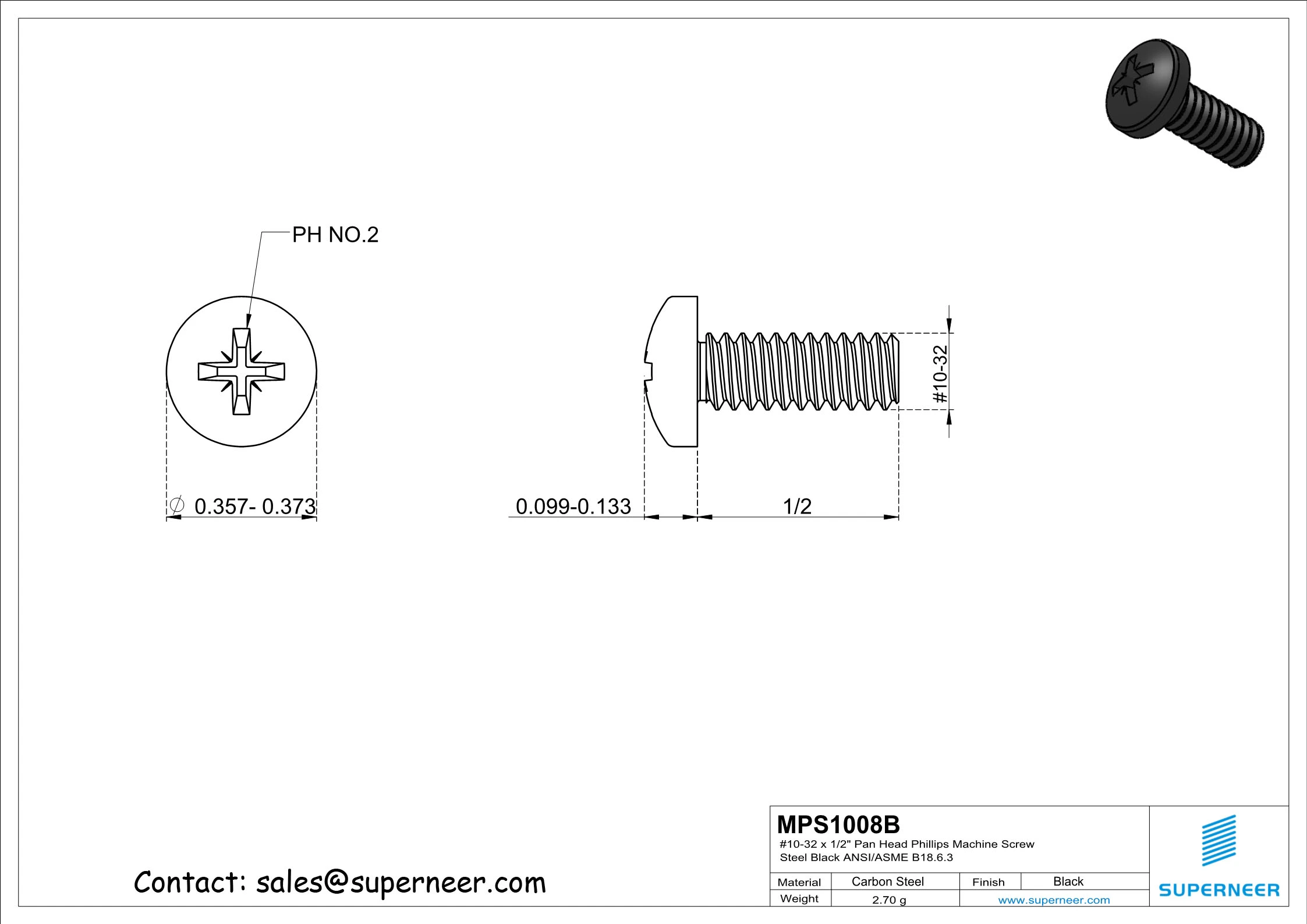 10-32 x 1/2" Pan Head Pozi Machine Screw Steel Black ANSI/ASME B18.6.3