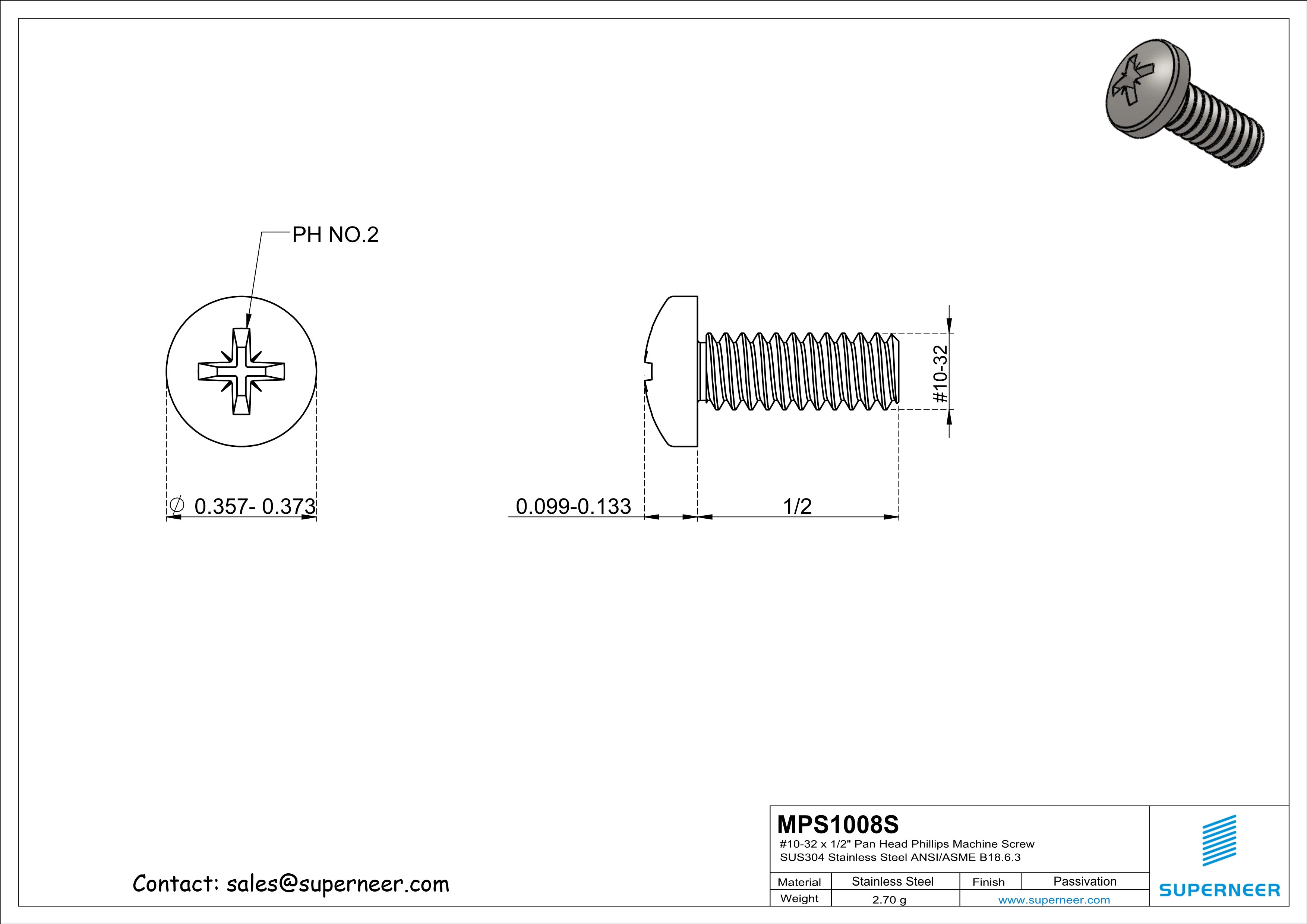 10-32 x 1/2" Pan Head Pozi Machine Screw SUS304 Stainless Steel Inox ANSI/ASME B18.6.3