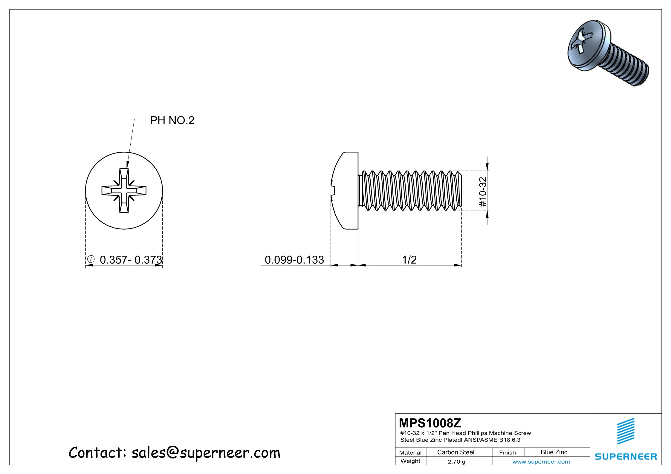10-32 x 1/2" Pan Head Pozi Machine Screw Steel Blue Zinc Plated ANSI/ASME B18.6.3