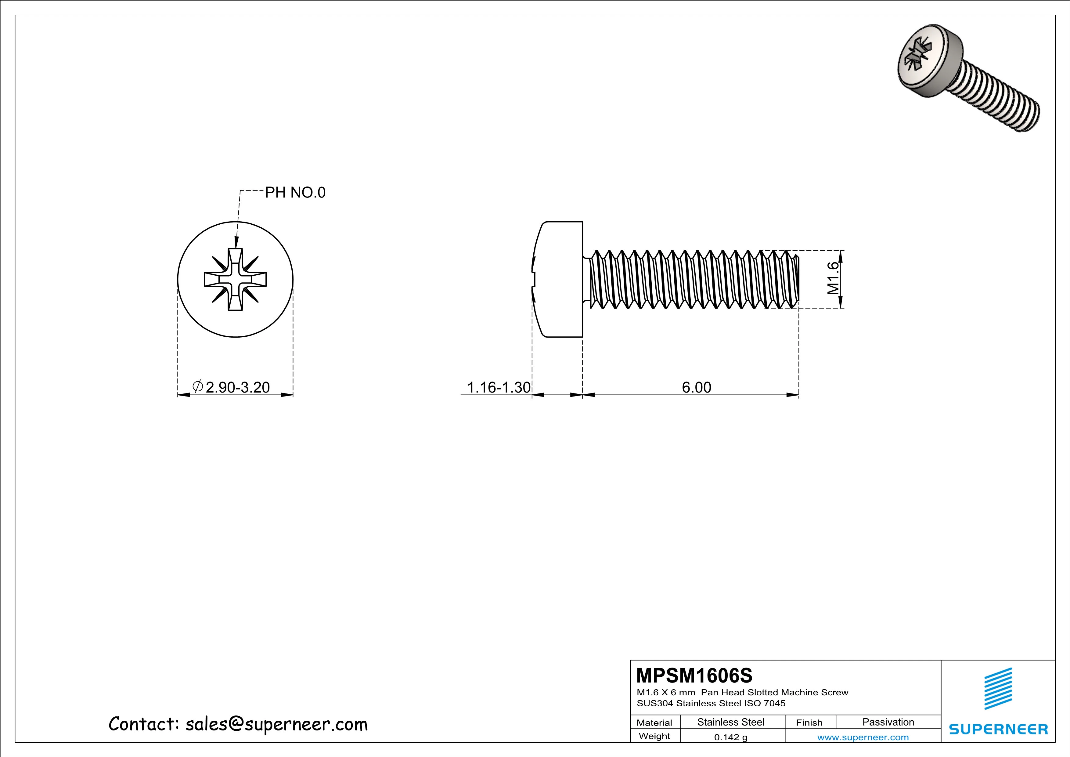 M1.6 x 6 mm  Pan Head Pozi Machine Screw SUS304 Stainless Steel Inox ISO 7045