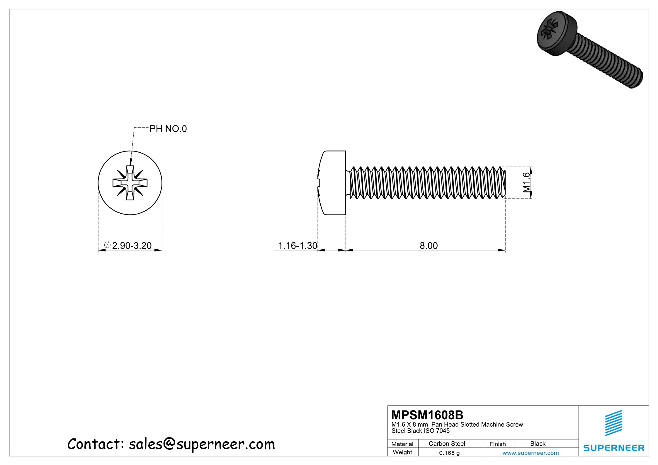 M1.6 x 8 mm Pan Head Pozi Machine Screw Steel Black  ISO 7045