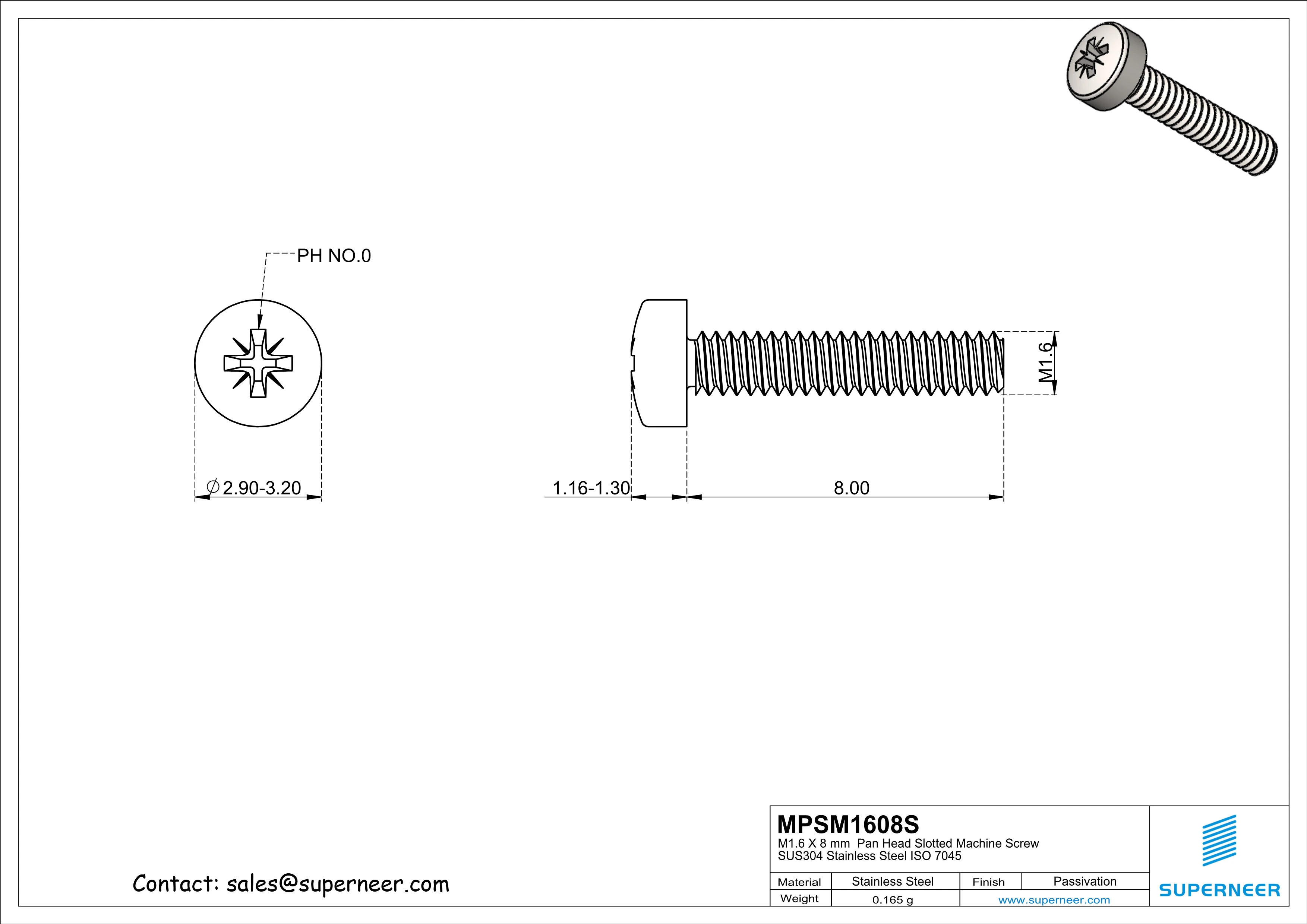 M1.6 x 8 mm  Pan Head Pozi Machine Screw SUS304 Stainless Steel Inox   ISO 7045