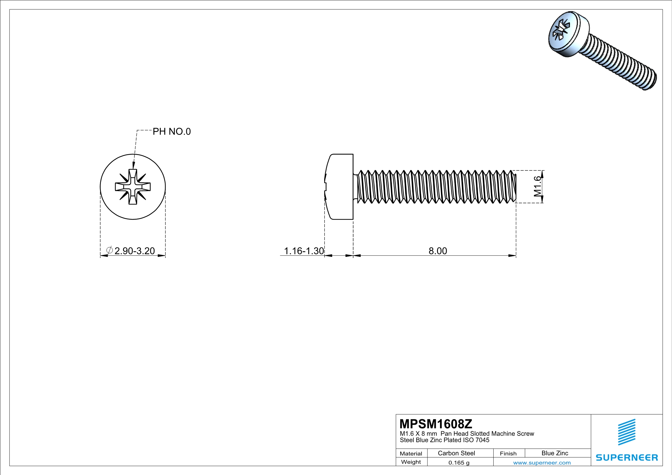 M1.6 x 8 mm Pan Head Pozi Machine Screw Steel Blue Zinc Plated  ISO 7045