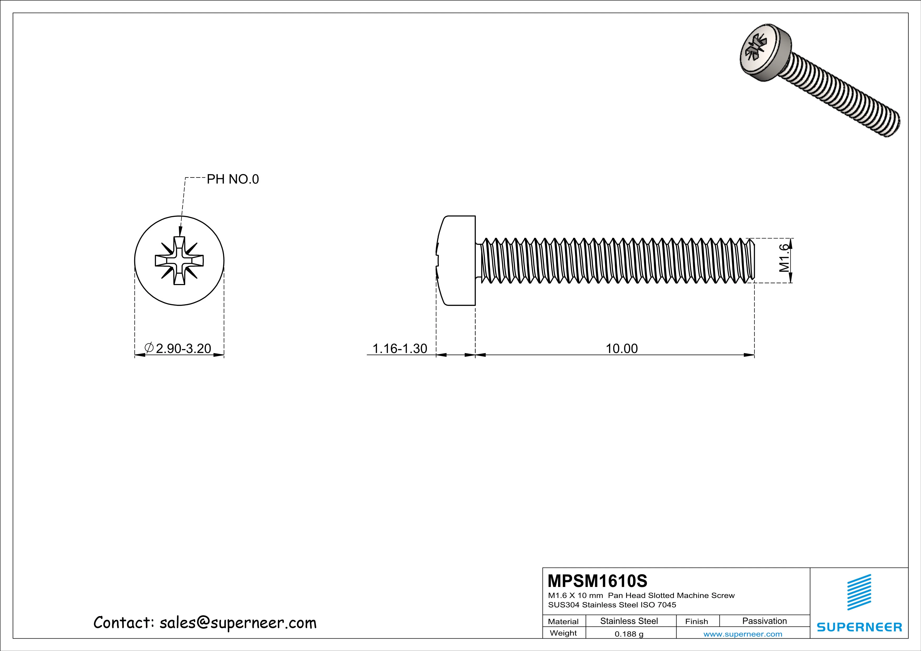 M1.6 x 10 mm  Pan Head Pozi Machine Screw SUS304 Stainless Steel Inox ISO 7045