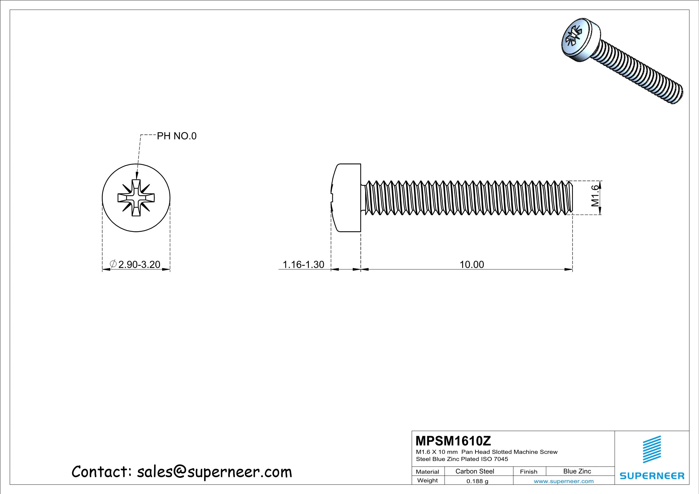 M1.6 x 10 mm Pan Head Pozi Machine Screw Steel Blue Zinc Plated ISO 7045