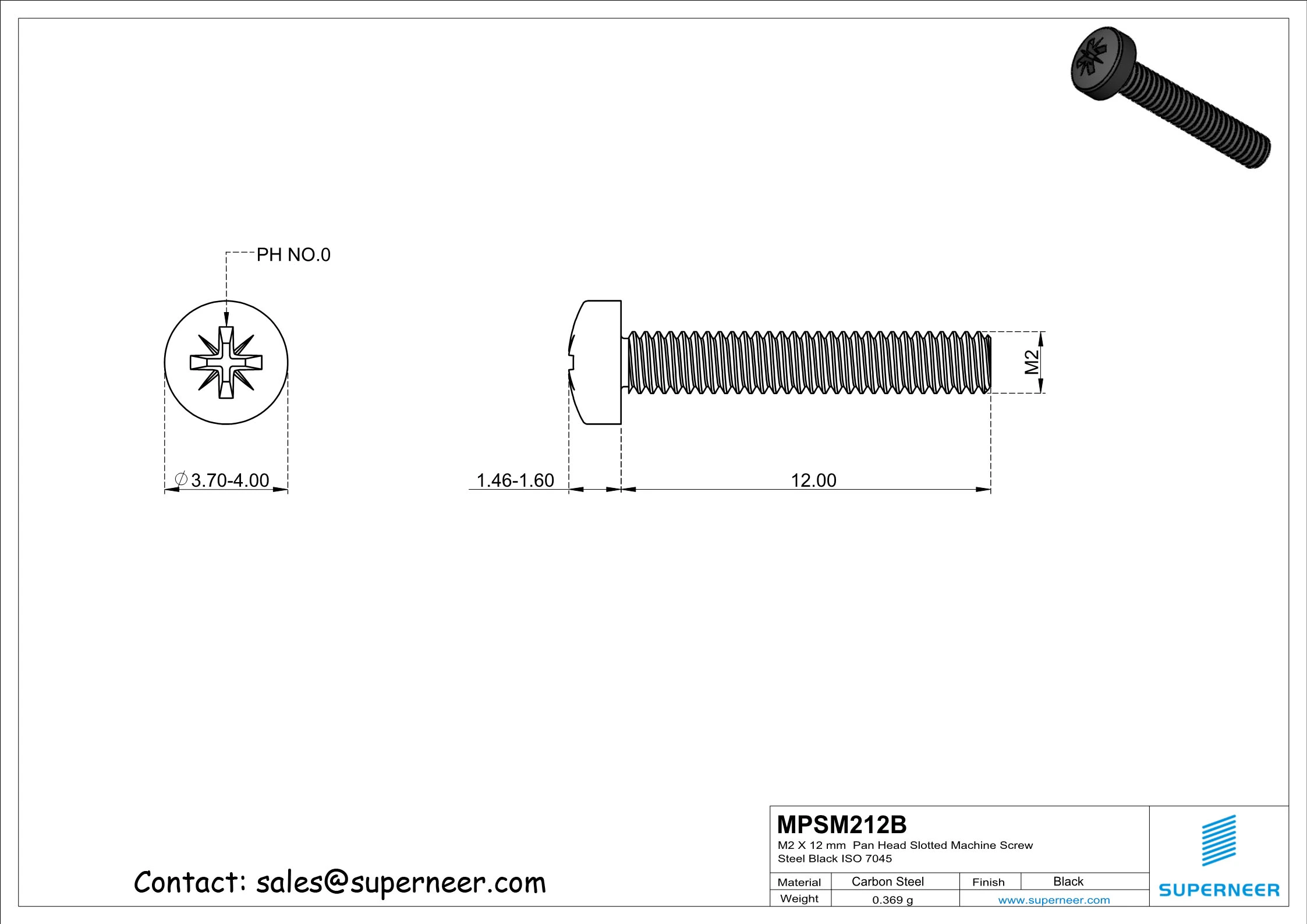 M2 x 12 mm Pan Head Pozi Machine Screw Steel Black  ISO 7045