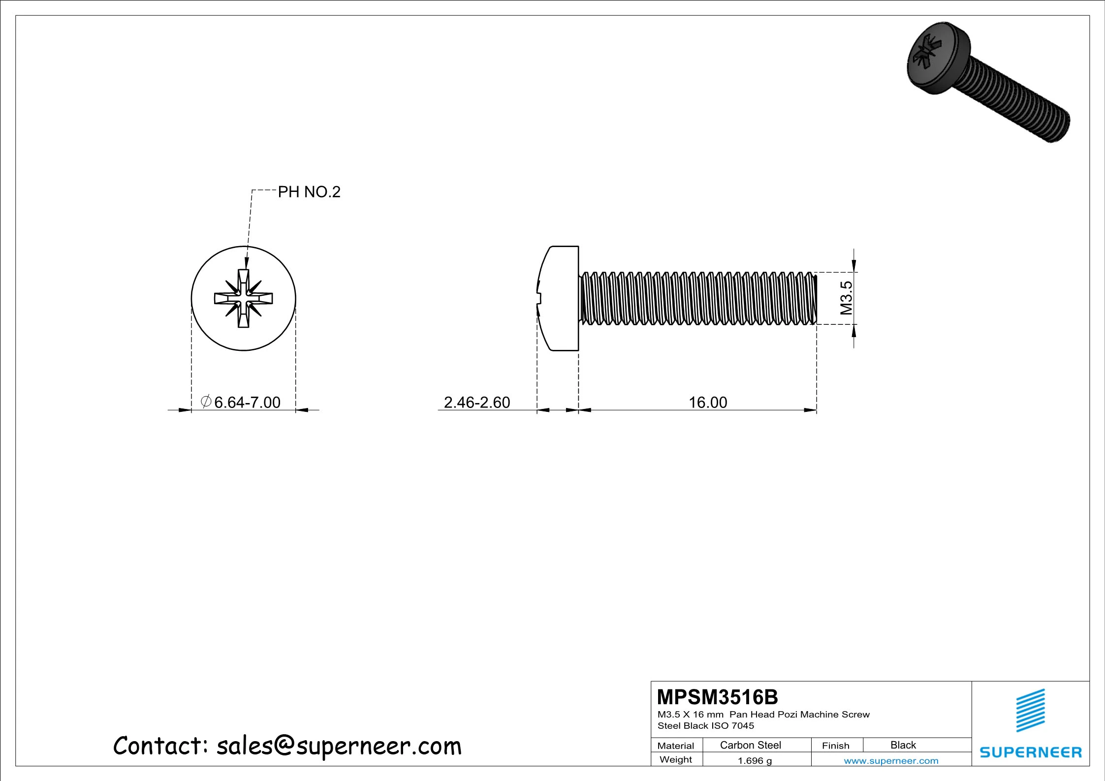 M3.5 x 16 mm Pan Head Pozi Machine Screw Steel Black ISO 7045