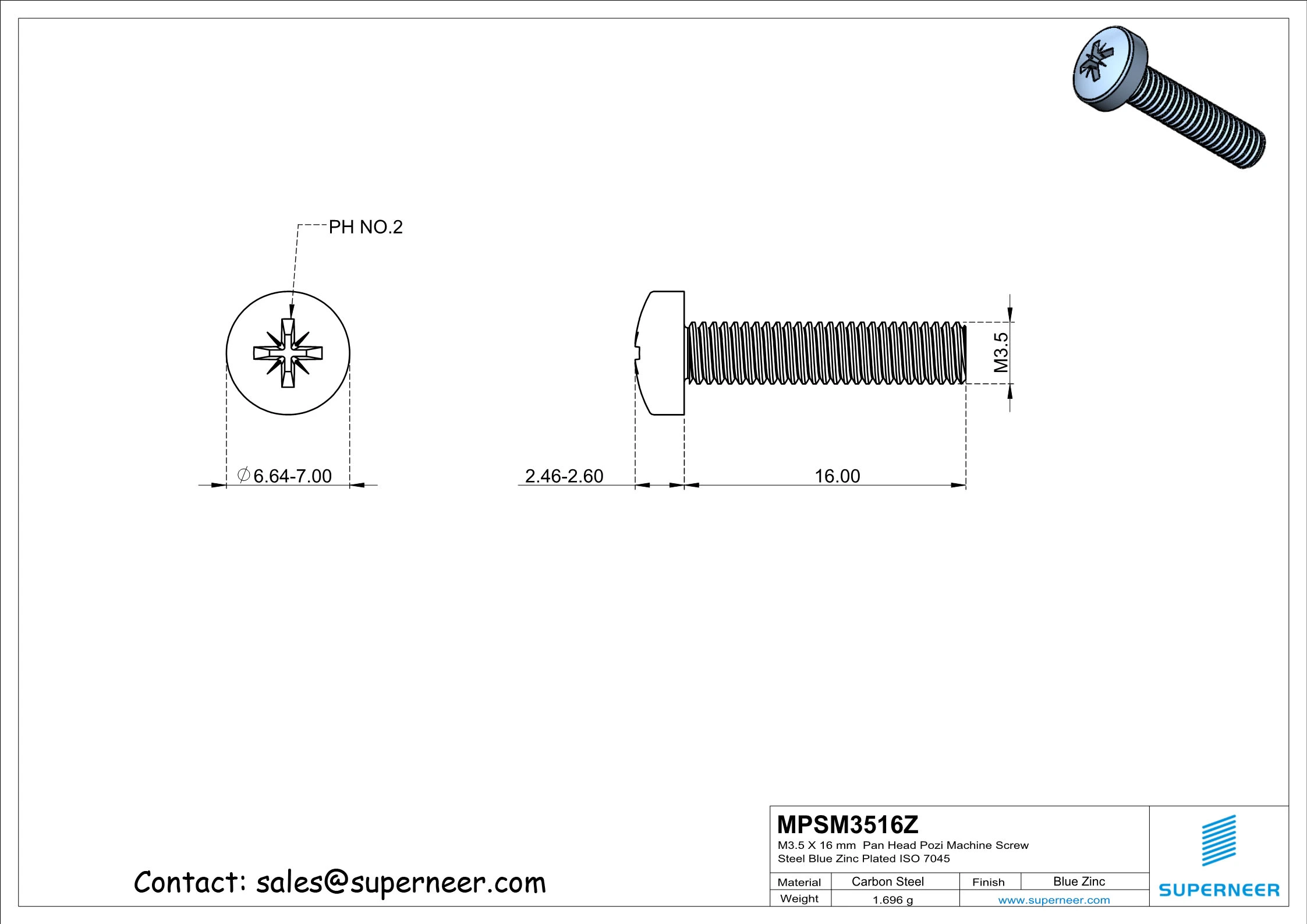 M3.5 x 16 mm Pan Head Pozi Machine Screw Steel Blue Zinc Plated ISO 7045