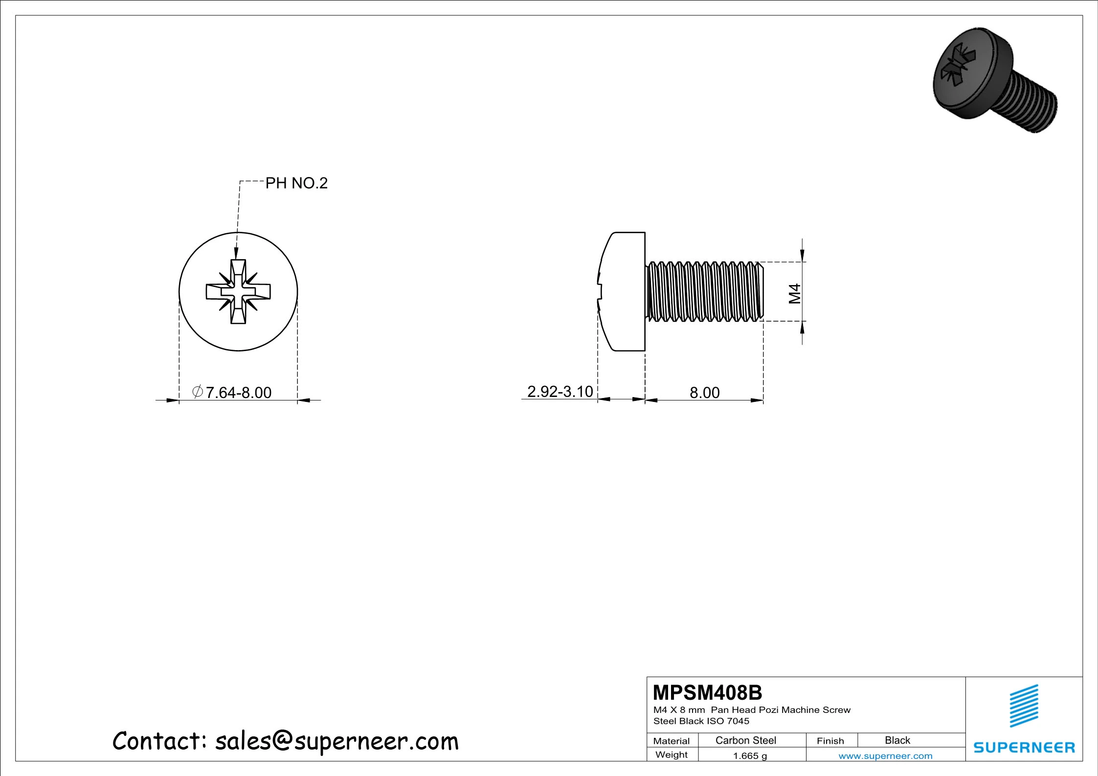 M4 x 8 mm Pan Head Pozi Machine Screw Steel Black ISO 7045