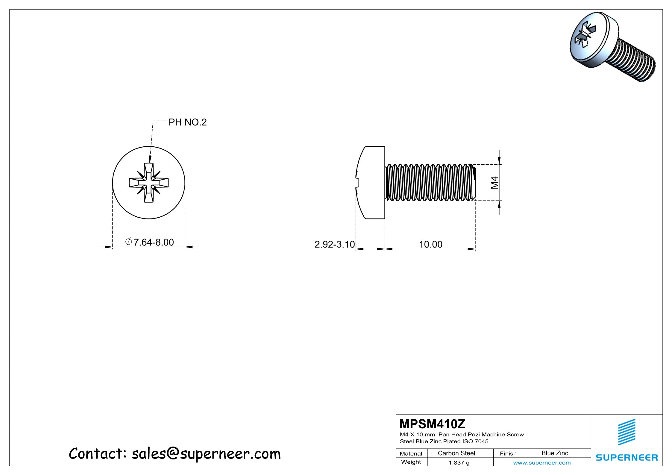 M4 x 10 mm Pan Head Pozi Machine Screw Steel Blue Zinc Plated ISO 7045