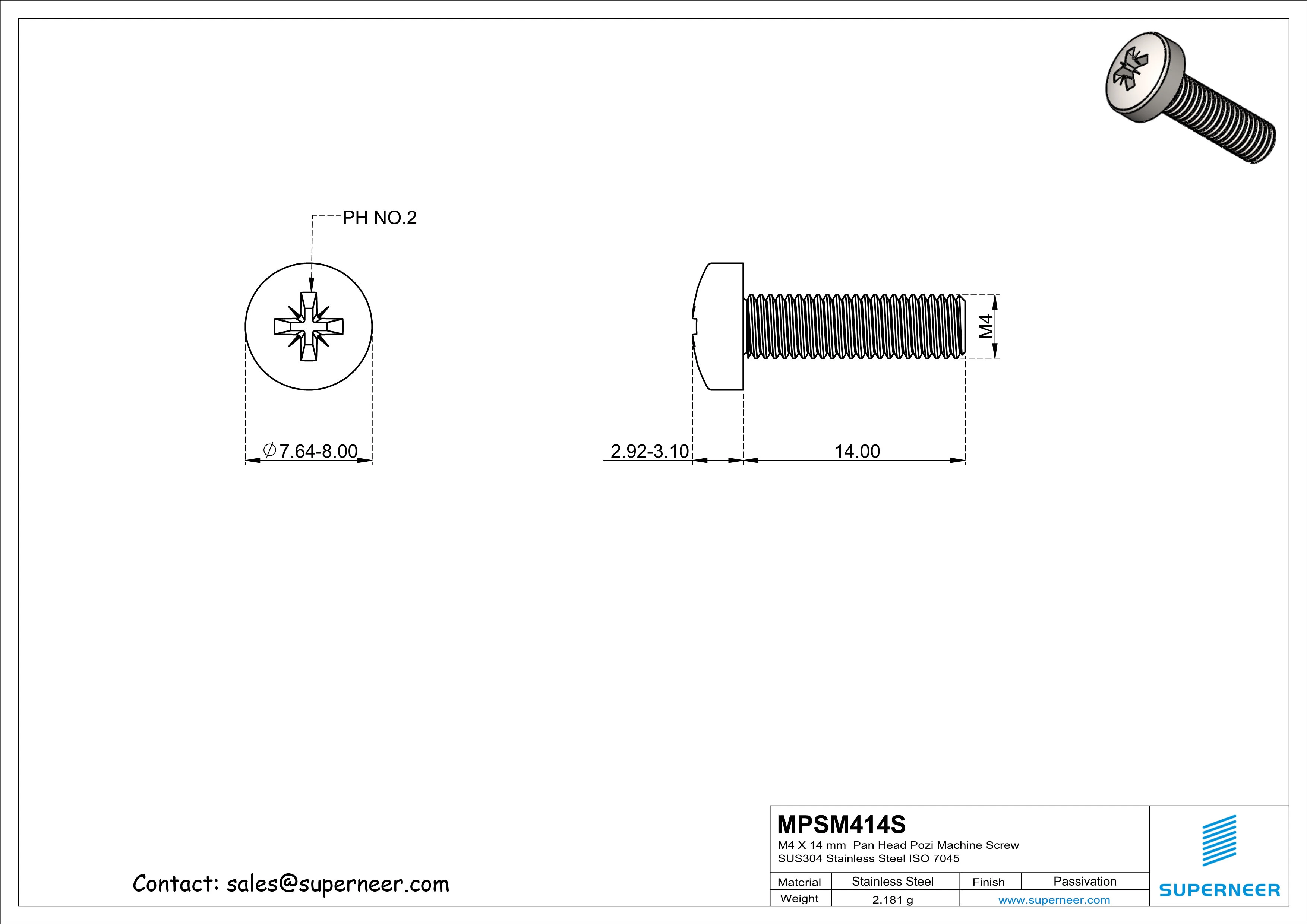 M4 x 14 mm  Pan Head Pozi Machine Screw SUS304 Stainless Steel Inox  ISO 7045