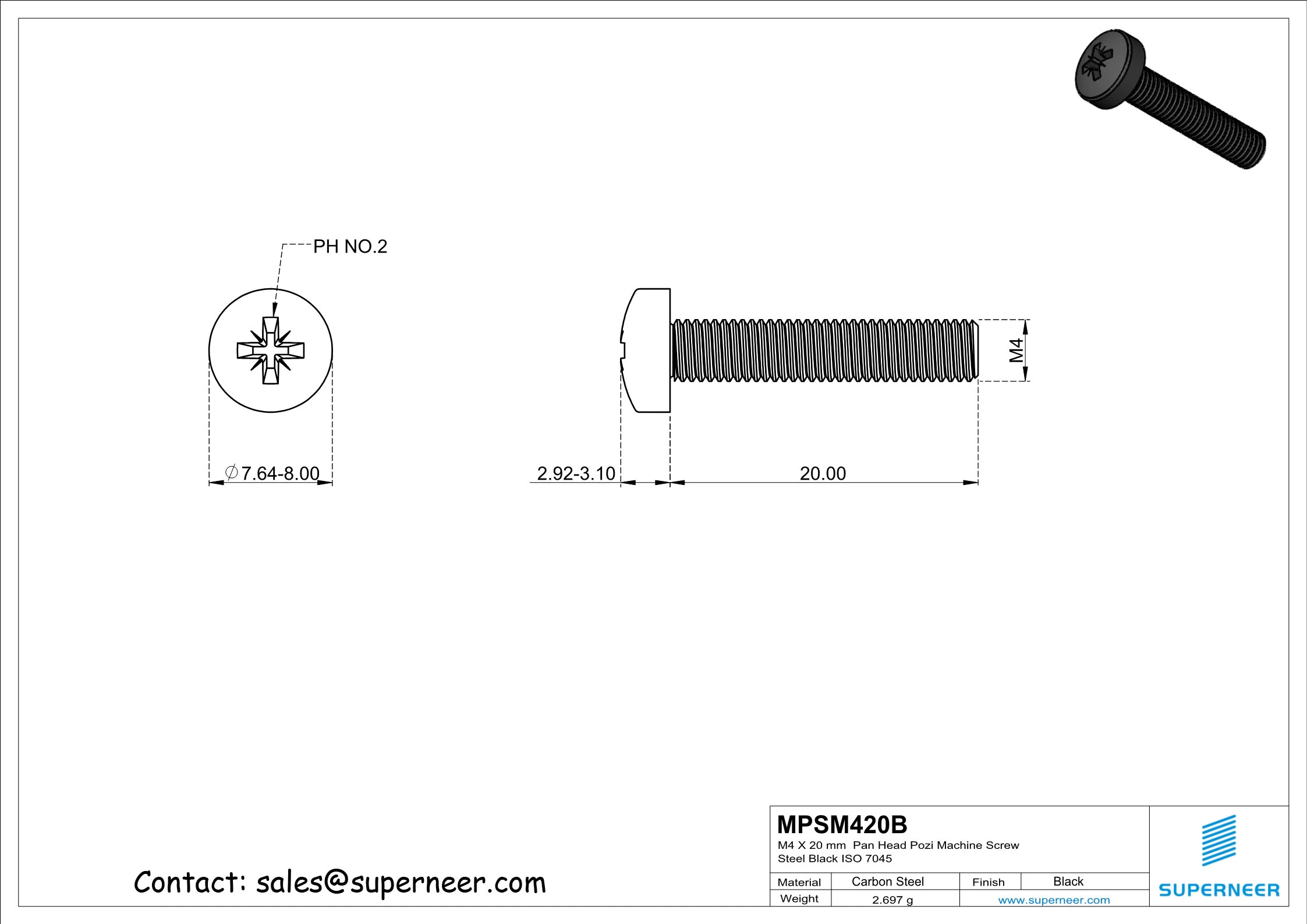 M4 x 20 mm Pan Head Pozi Machine Screw Steel Black ISO 7045