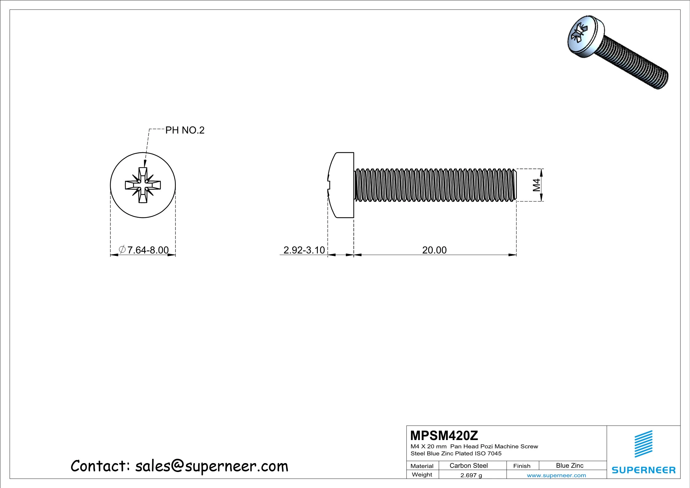 M4 x 20 mm Pan Head Pozi Machine Screw Steel Blue Zinc Plated ISO 7045
