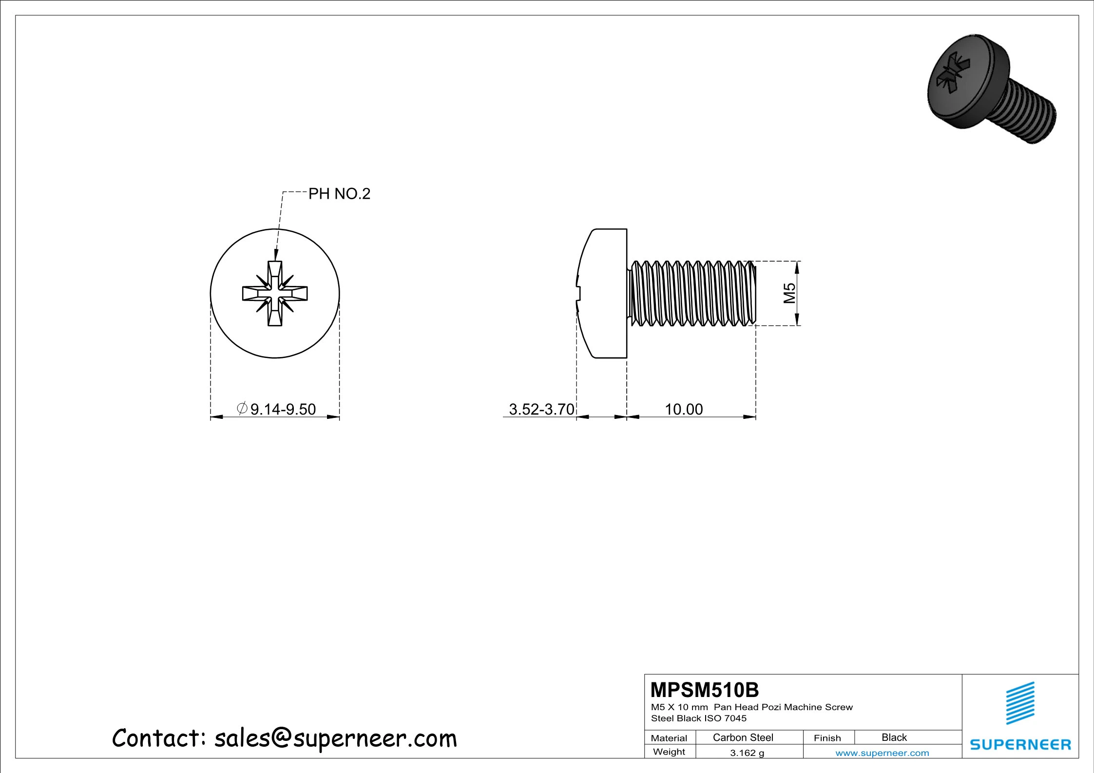 M5 x 10 mm Pan Head Pozi Machine Screw Steel Black ISO 7045