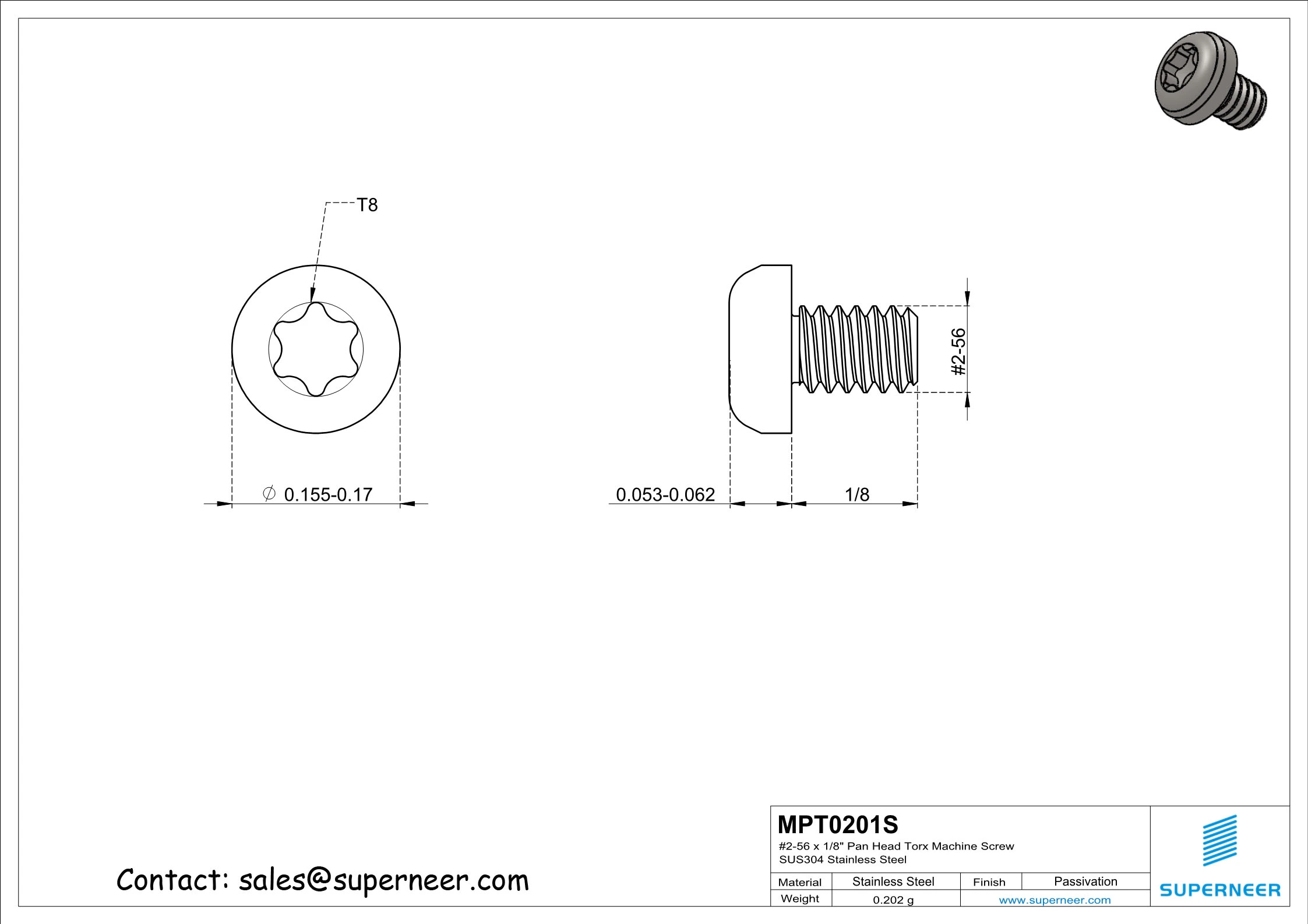 2-56 x 1/8" Pan Head Torx Machine Screw SUS304 Stainless Steel Inox