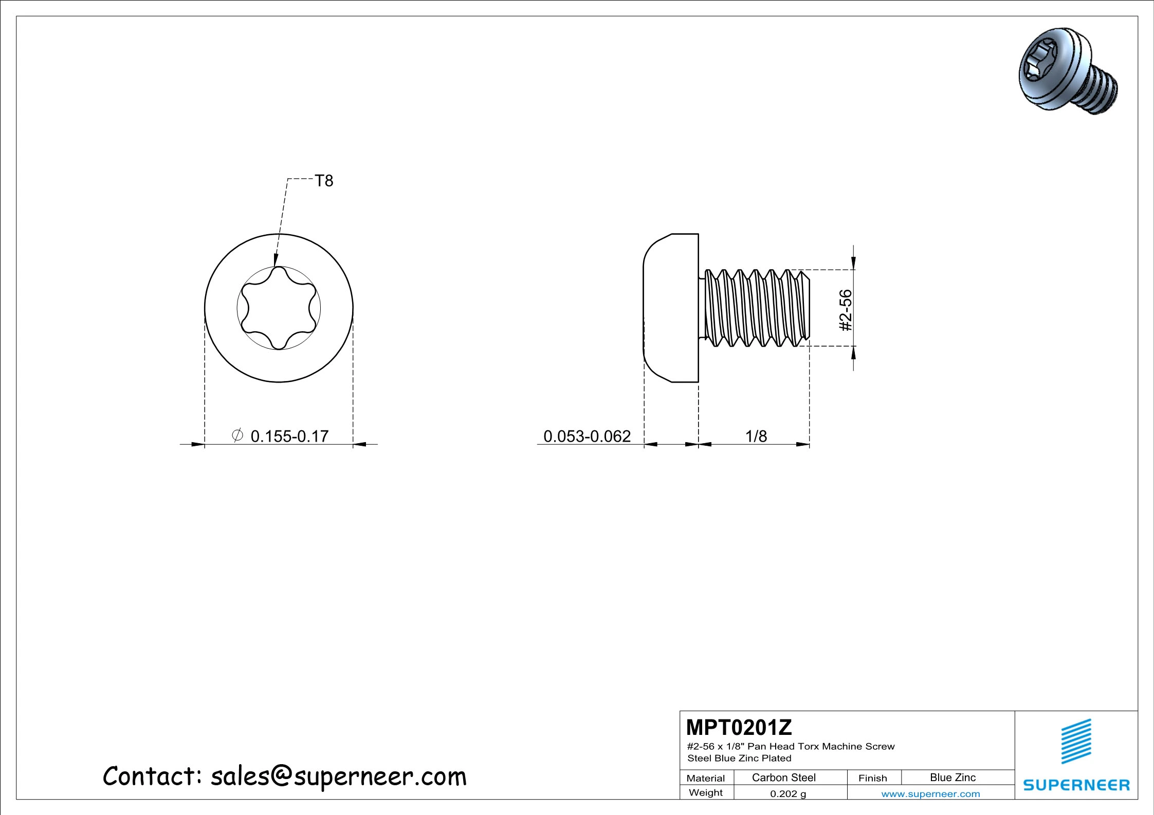 2-56 x 1/8" Pan Head Torx Machine Screw Steel Blue Zinc Plated