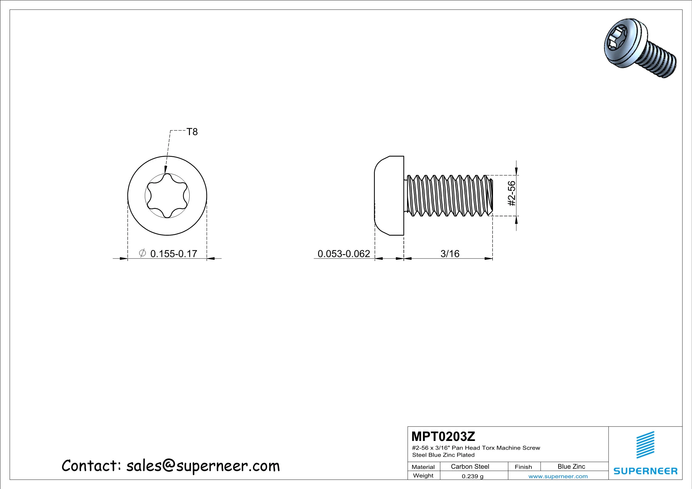 2-56 x 3/16" Pan Head Torx Machine Screw Steel Blue Zinc Plated