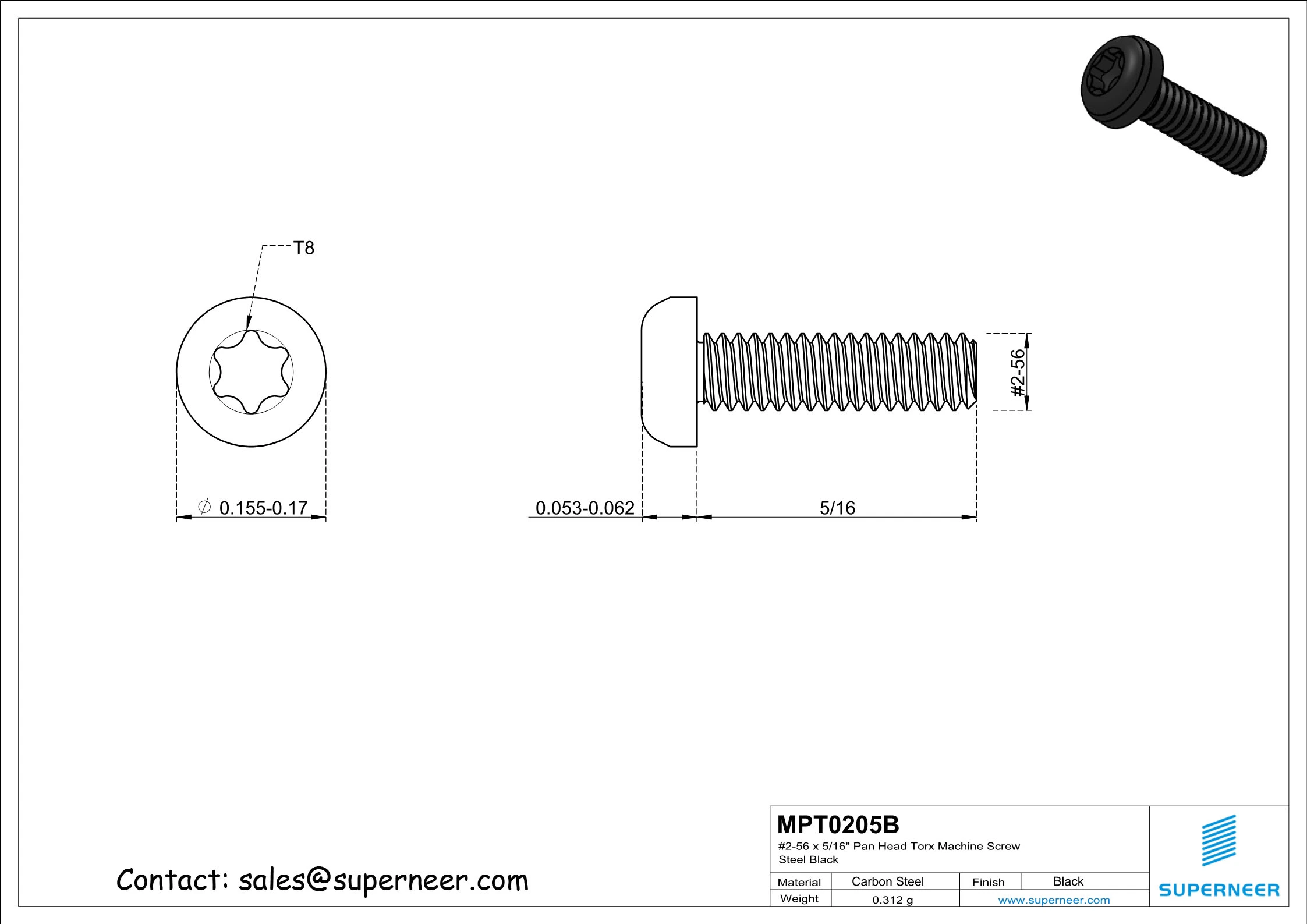 2-56 x 5/16" Pan Head Torx Machine Screw Steel Black