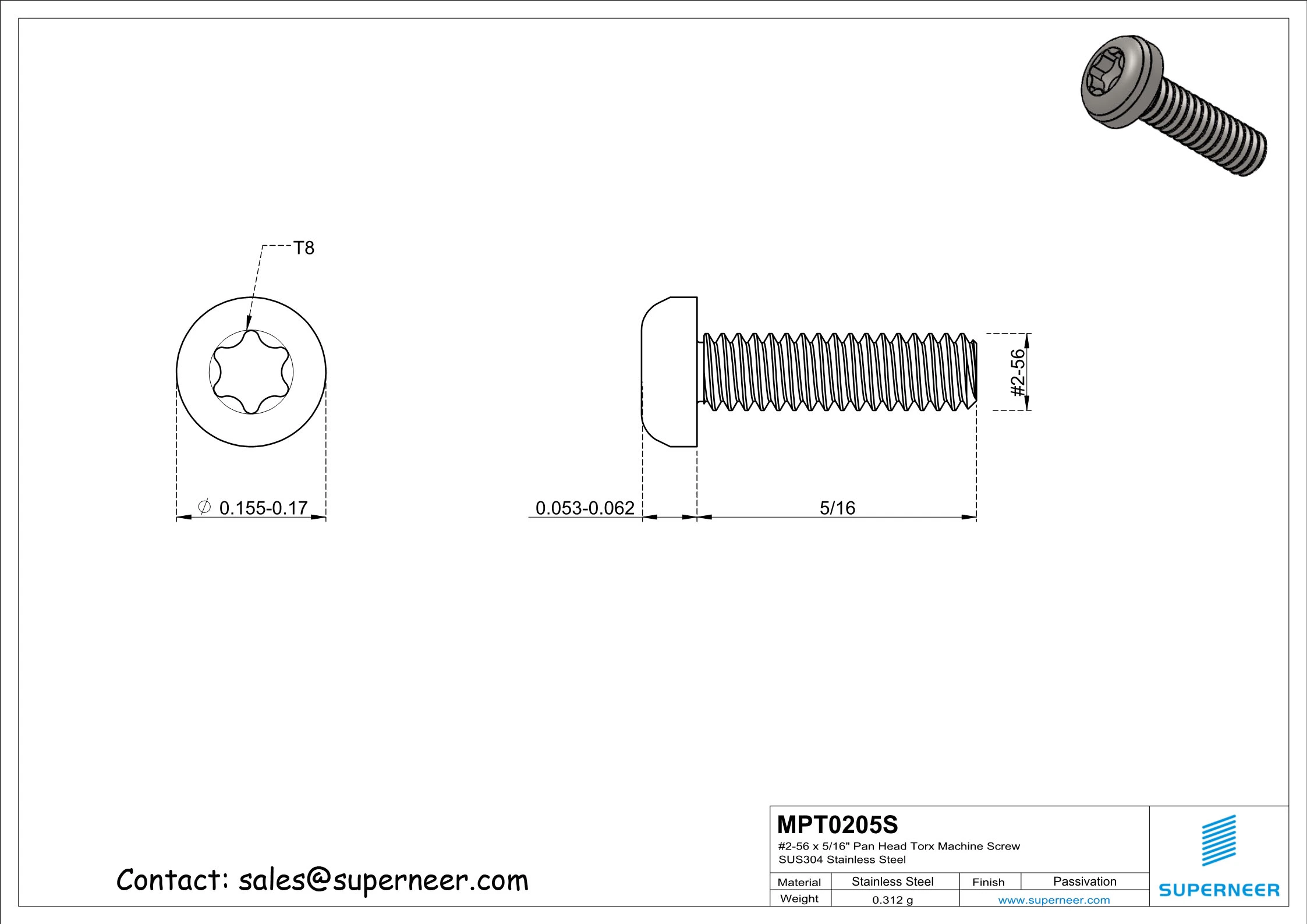 2-56 x 5/16" Pan Head Torx Machine Screw SUS304 Stainless Steel Inox