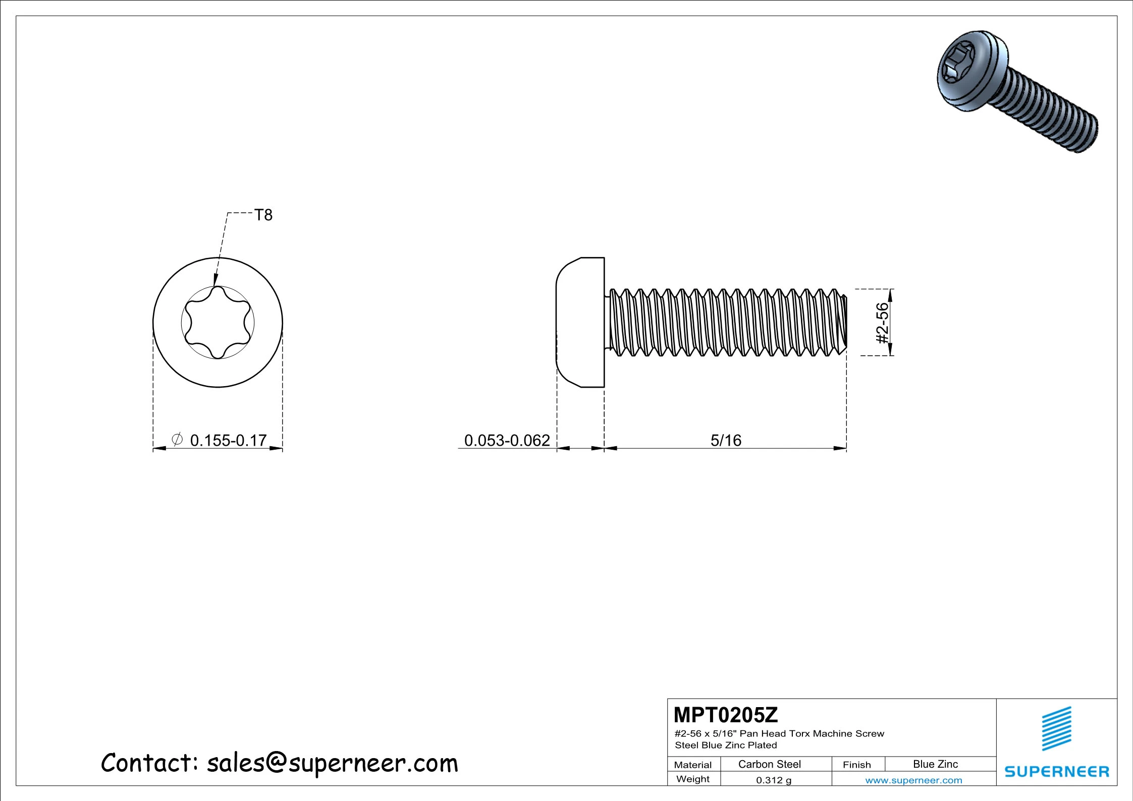 2-56 x 5/16" Pan Head Torx Machine Screw Steel Blue Zinc Plated