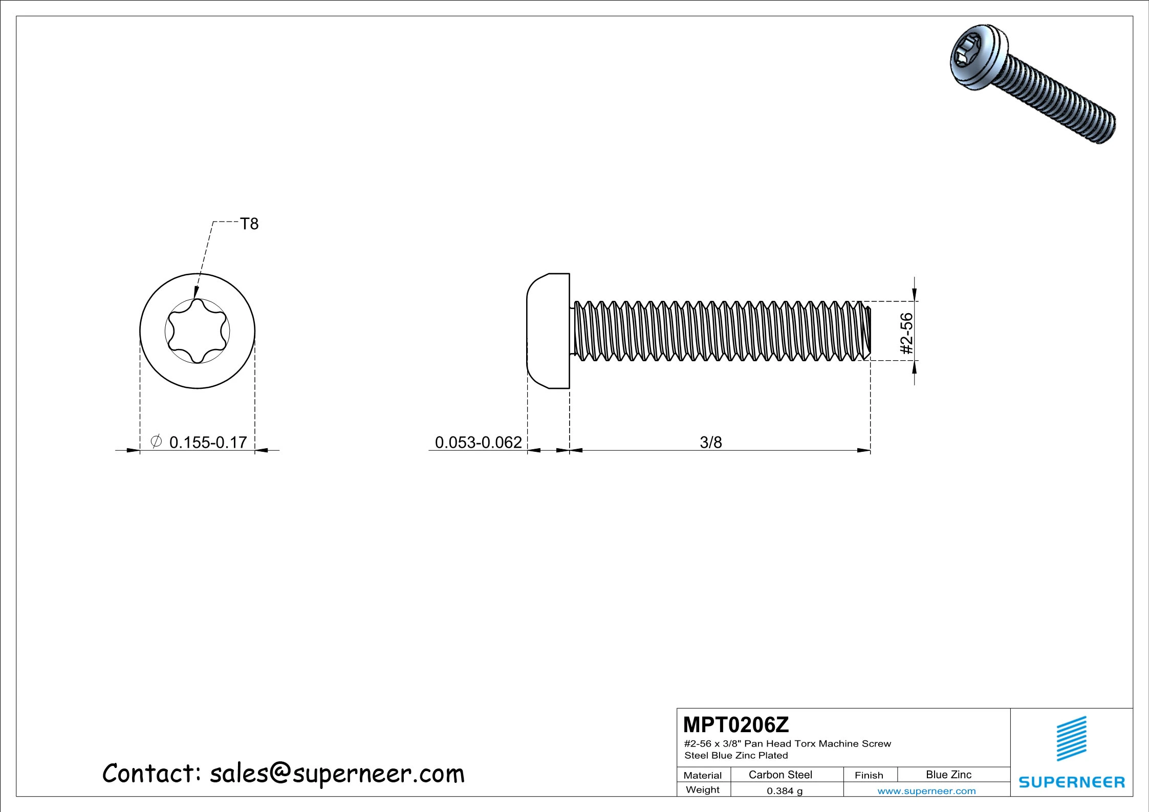 2-56 x 3/8" Pan Head Torx Machine Screw Steel Blue Zinc Plated