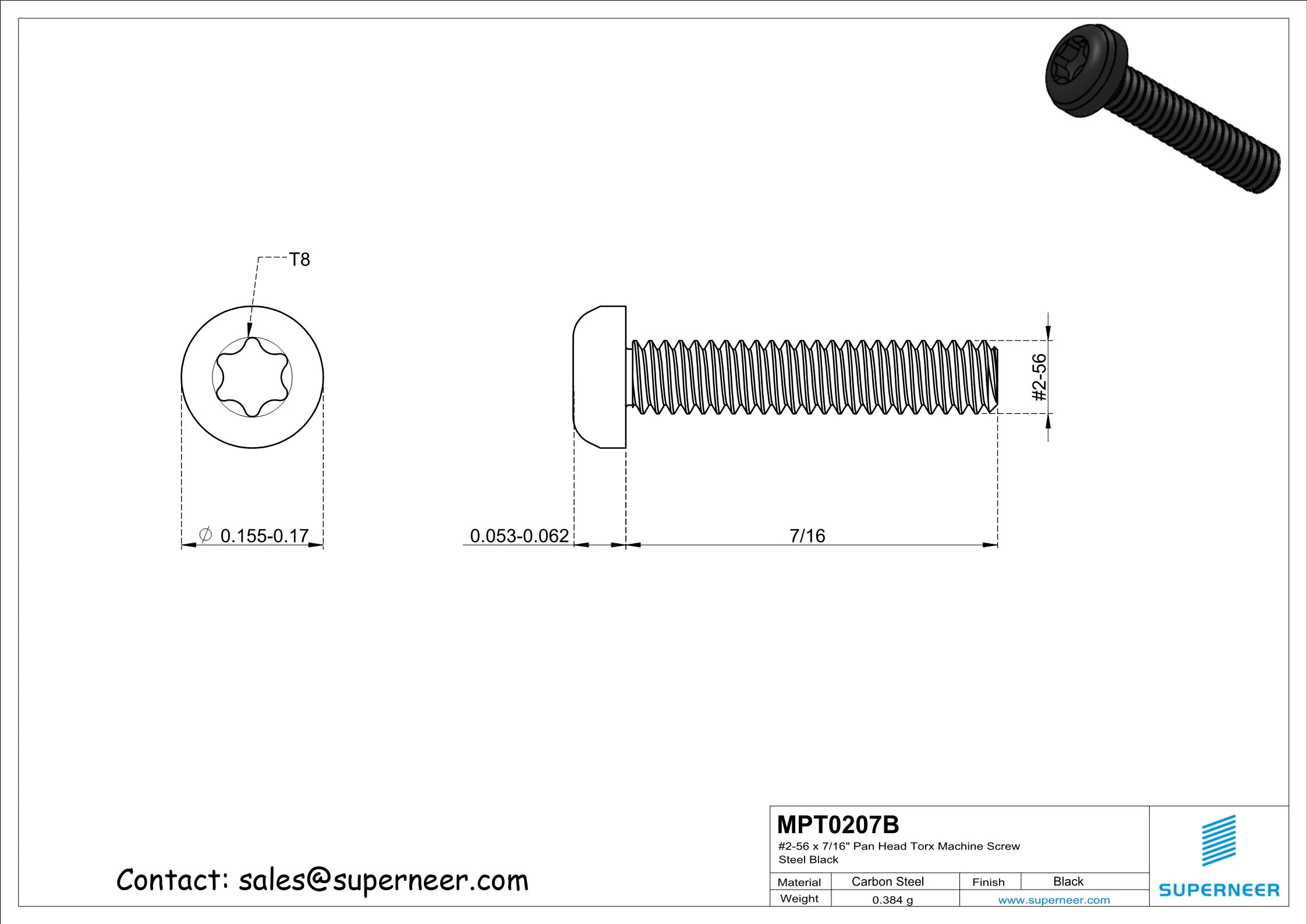 2-56 x 7/16" Pan Head Torx Machine Screw Steel Black