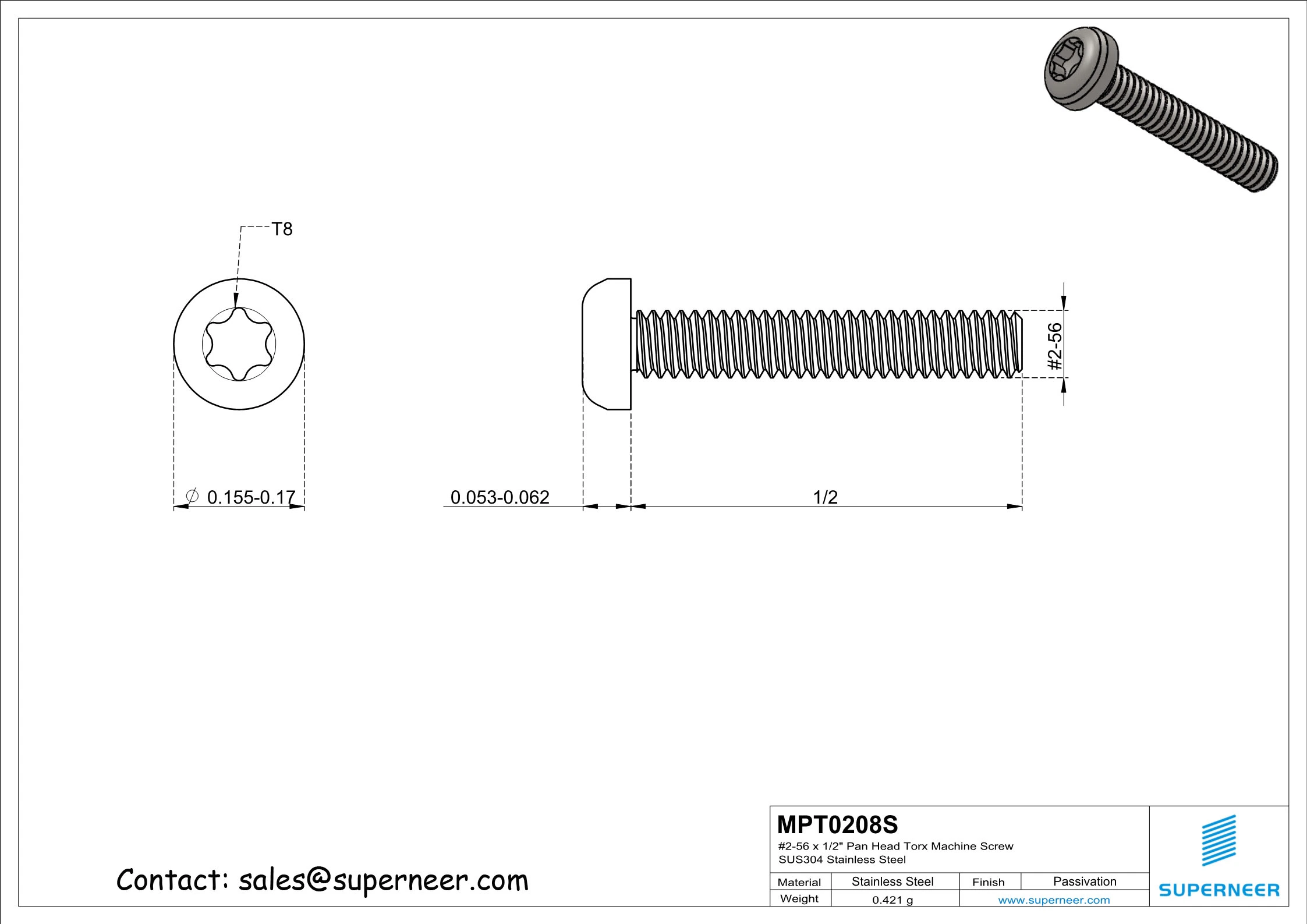 2-56 x 1/2" Pan Head Torx Machine Screw SUS304 Stainless Steel Inox