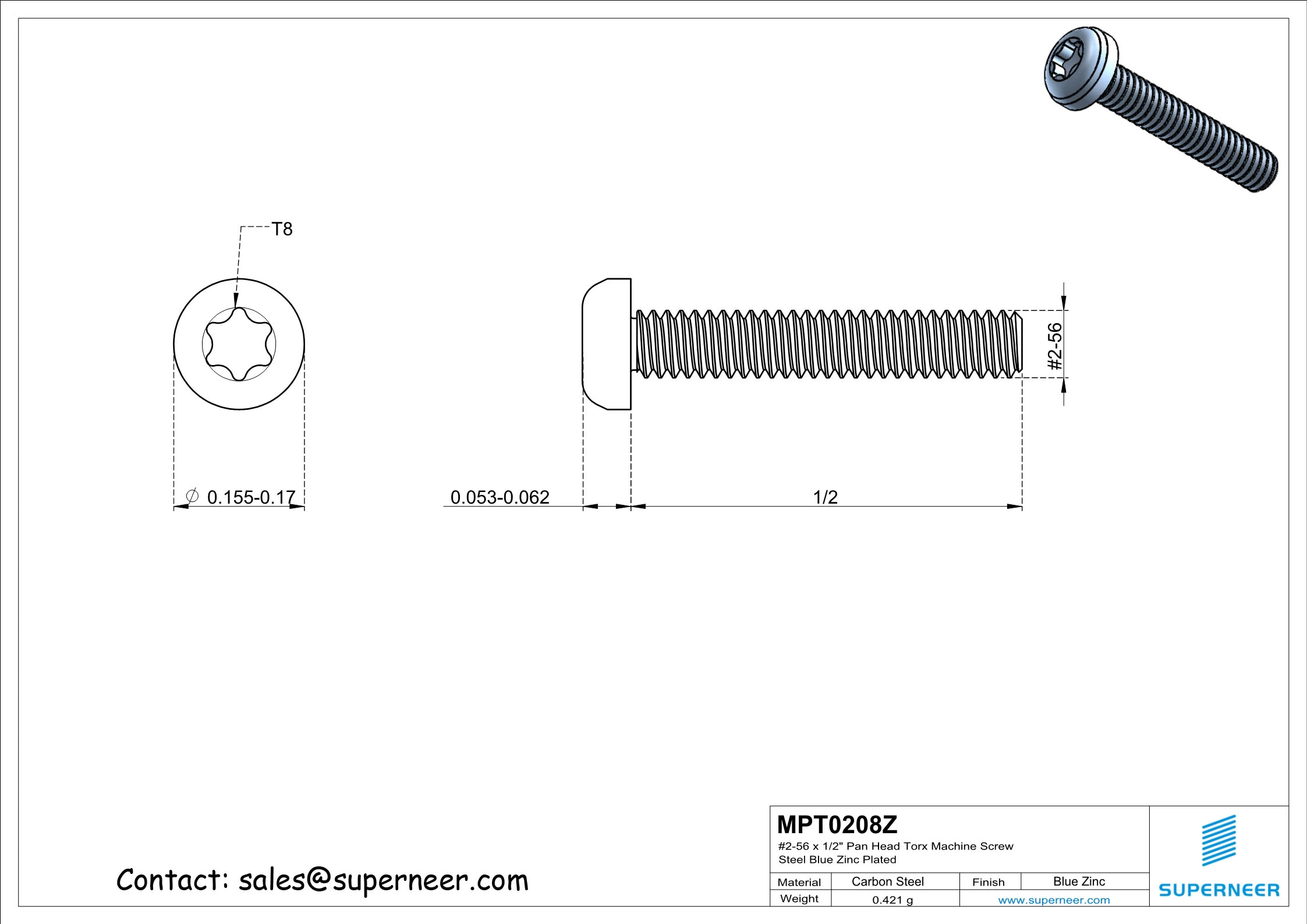 2-56 x 1/2" Pan Head Torx Machine Screw Steel Blue Zinc Plated