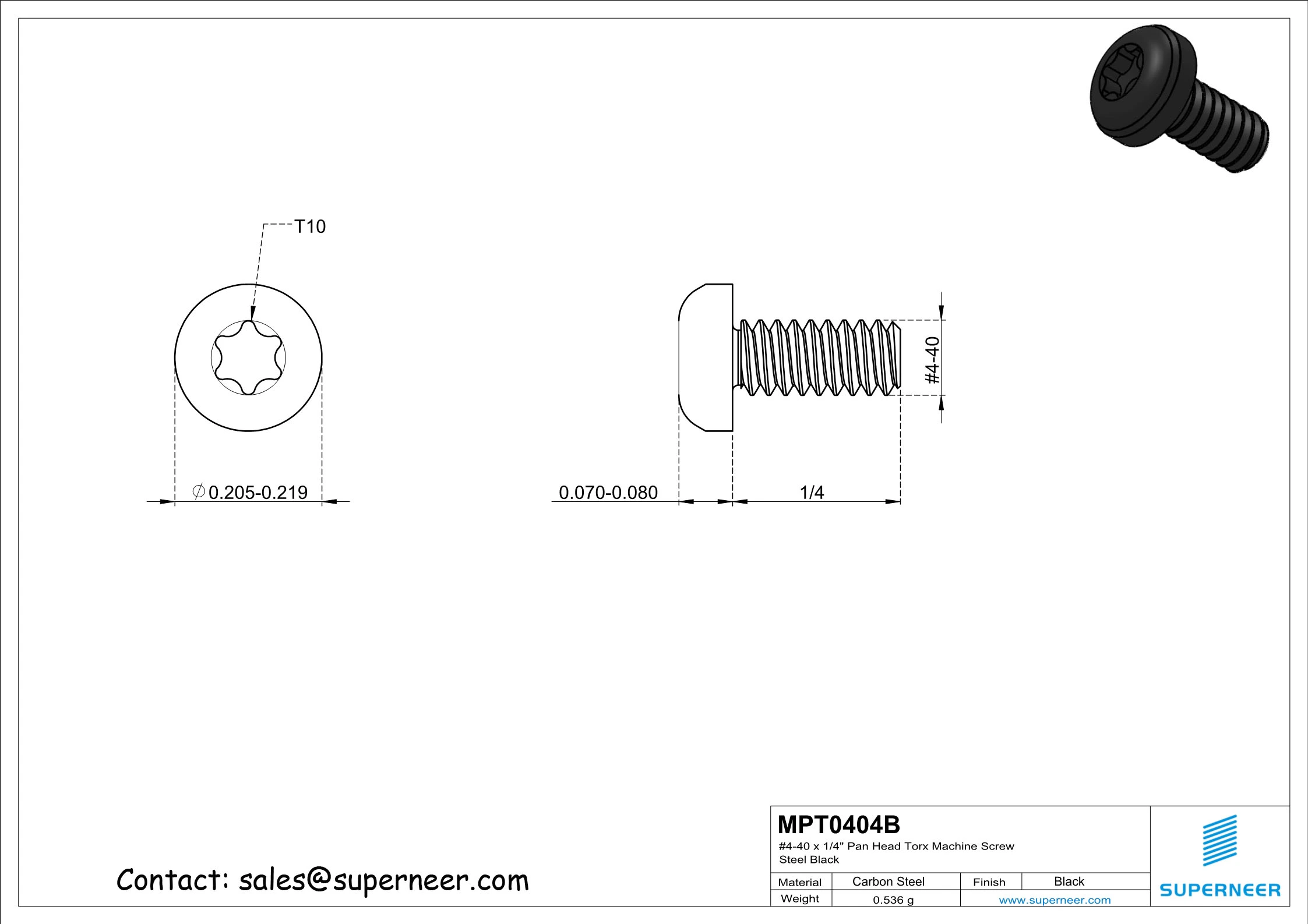 4-40 x 1/4" Pan Head Torx Machine Screw Steel Black