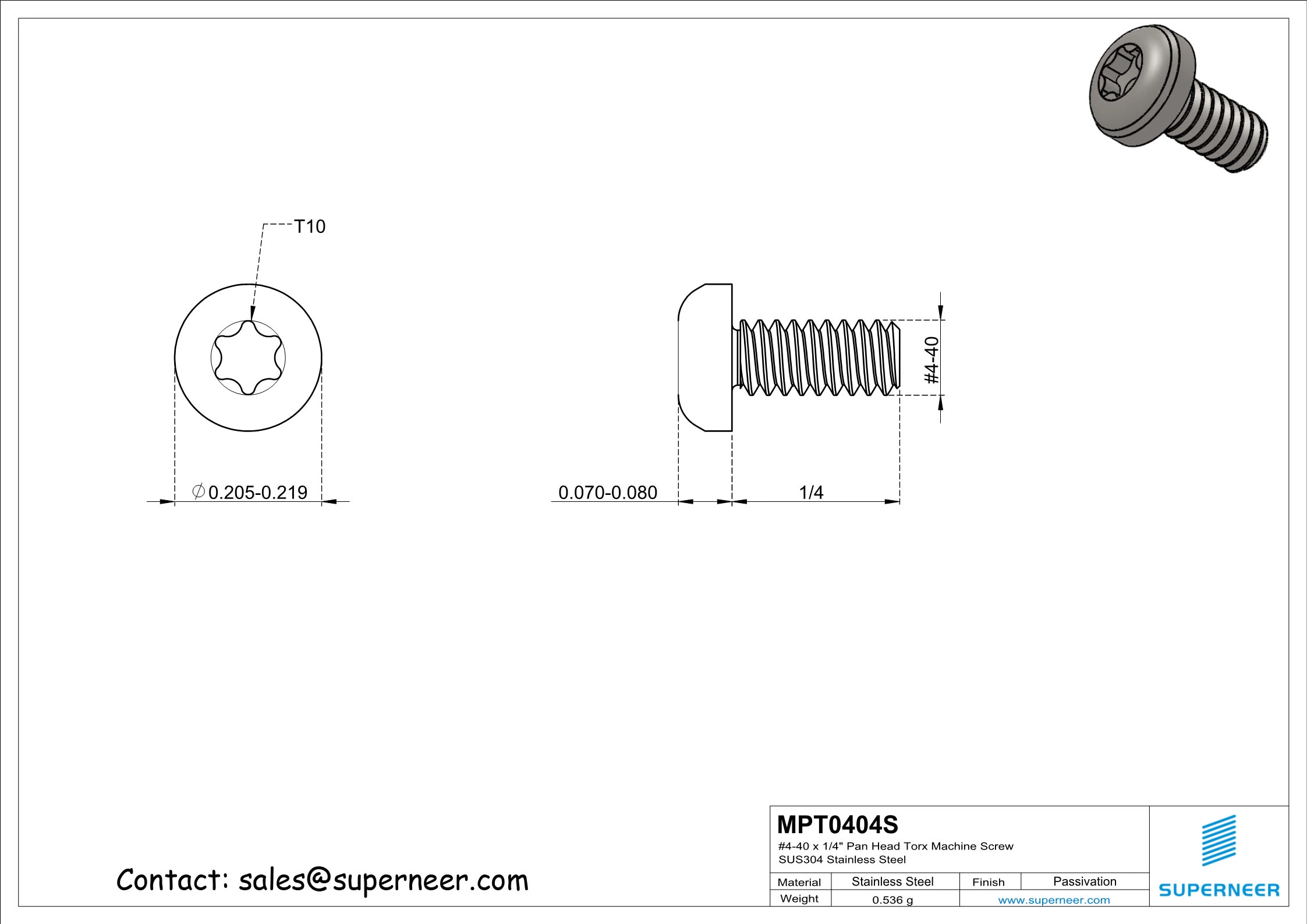 4-40 x 1/4" Pan Head Torx Machine Screw SUS304 Stainless Steel Inox