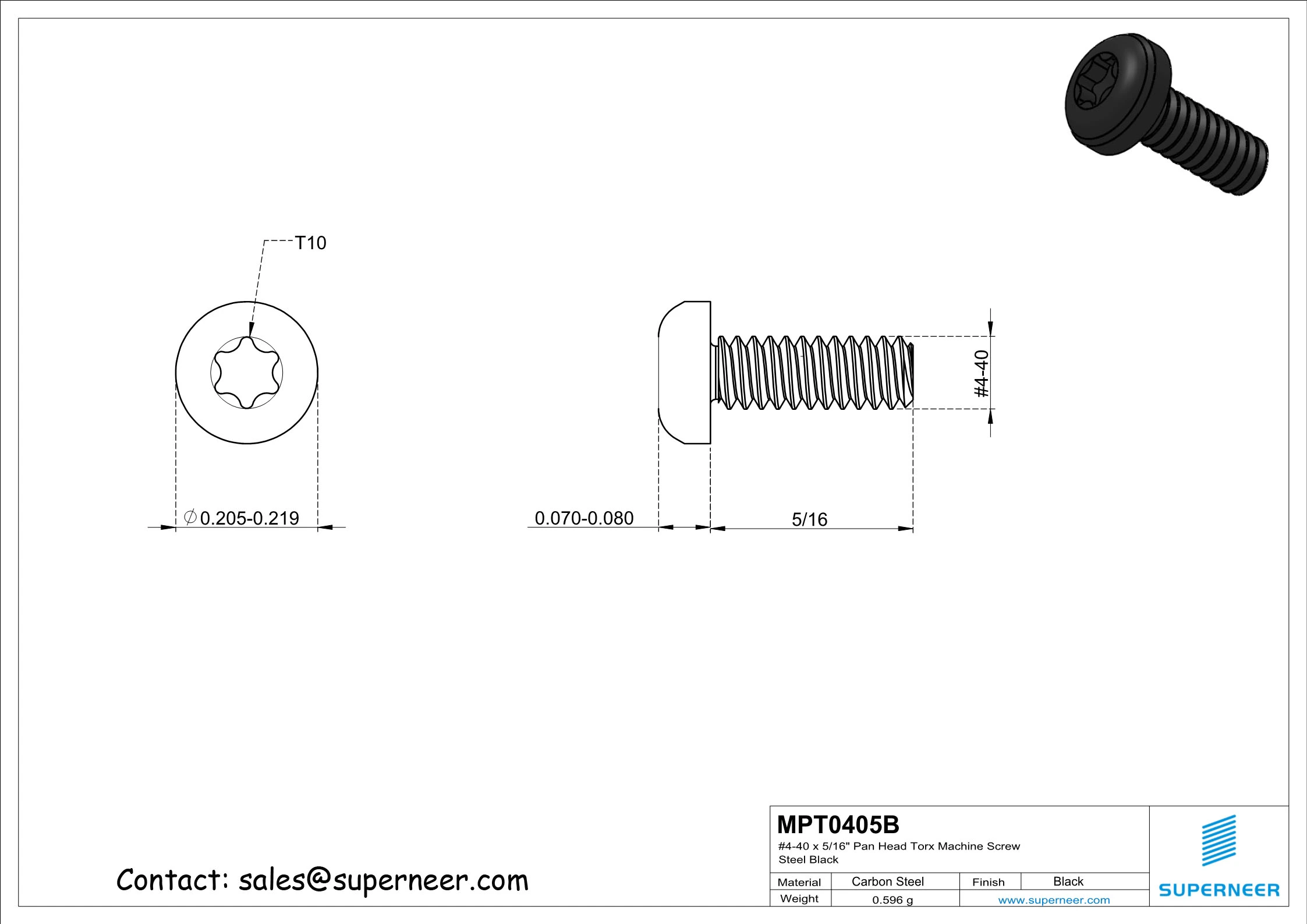 4-40 x 5/16" Pan Head Torx Machine Screw Steel Black